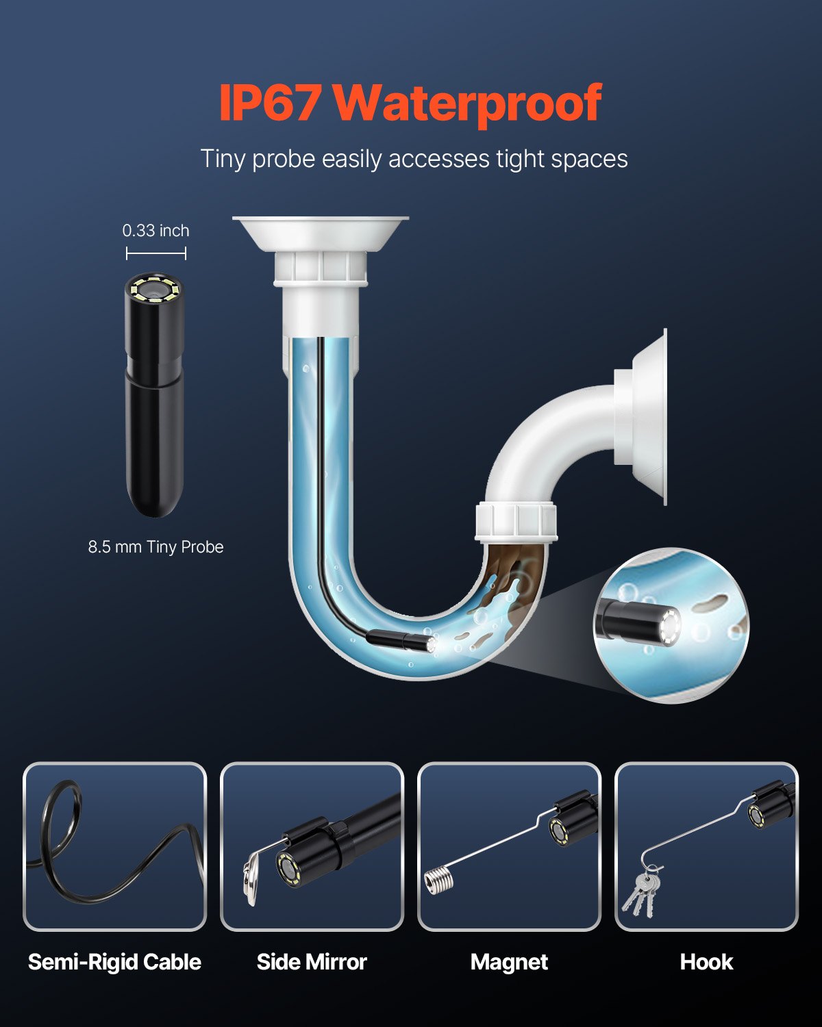 Endoscope Camera with Light, 1920P HD Borescope for Android & IOS, 8 LED Lights Inspection Camera with 5m Semi-Rigid Cable, 2X Zoom, IP67 Waterproof Snake Scope Camera for Auto, Plumbing - Image 6