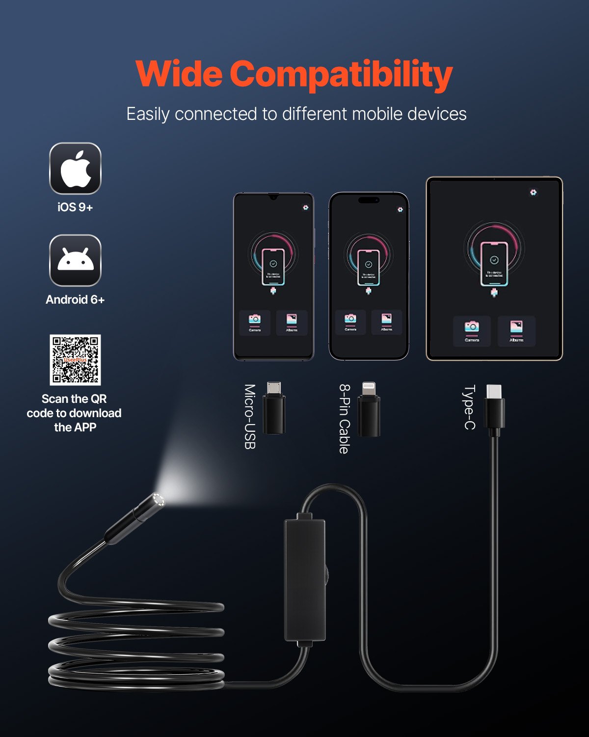 Endoscope Camera with Light, 1920P HD Borescope for Android & IOS, 8 LED Lights Inspection Camera with 3m Semi-Rigid Cable, 2X Zoom, IP67 Waterproof Snake Scope Cameras for Auto, Plumbing - Image 4