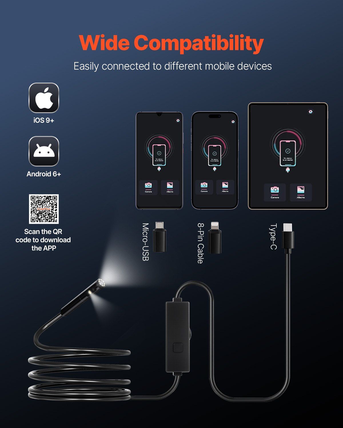 Endoscope Camera with Light, Dual Lens Borescope for Android & IOS, 1920P HD Inspection Camera with 8 + 1 LED Lights, 2X Zoom, 3m Snake Cable, IP67 Waterproof Snake Camera for Auto, Plumbing - Image 4