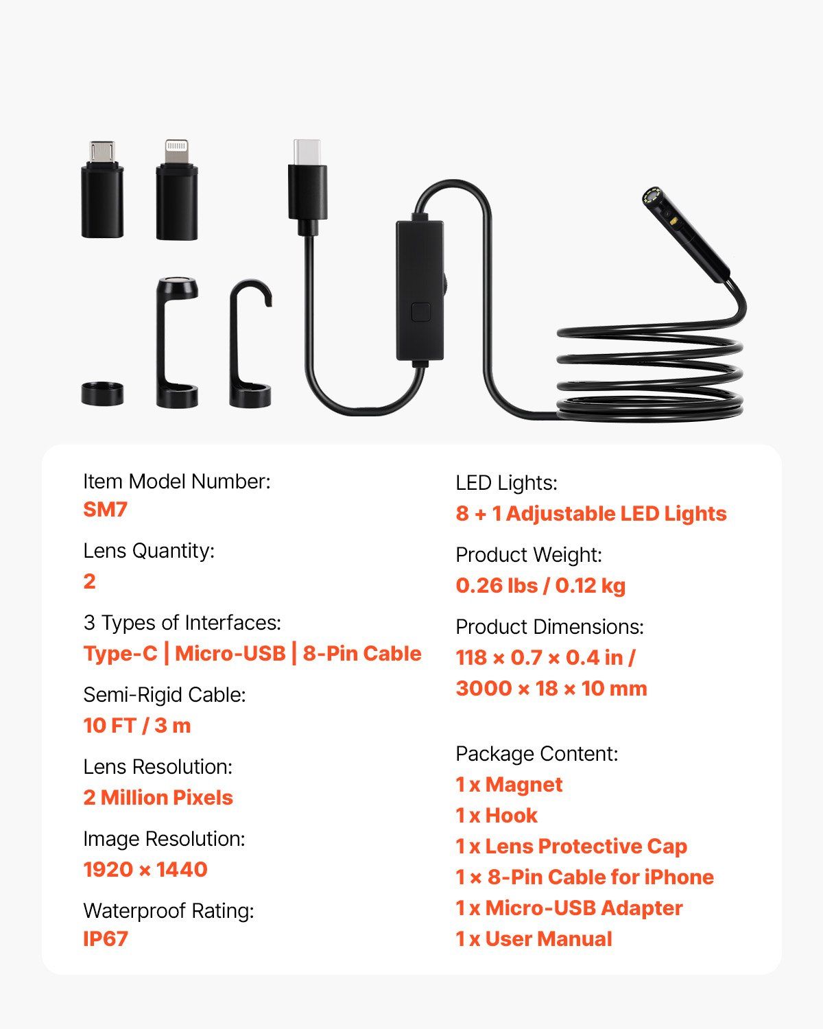 Endoscope Camera with Light, Dual Lens Borescope for Android & IOS, 1920P HD Inspection Camera with 8 + 1 LED Lights, 2X Zoom, 3m Snake Cable, IP67 Waterproof Snake Camera for Auto, Plumbing - Image 7