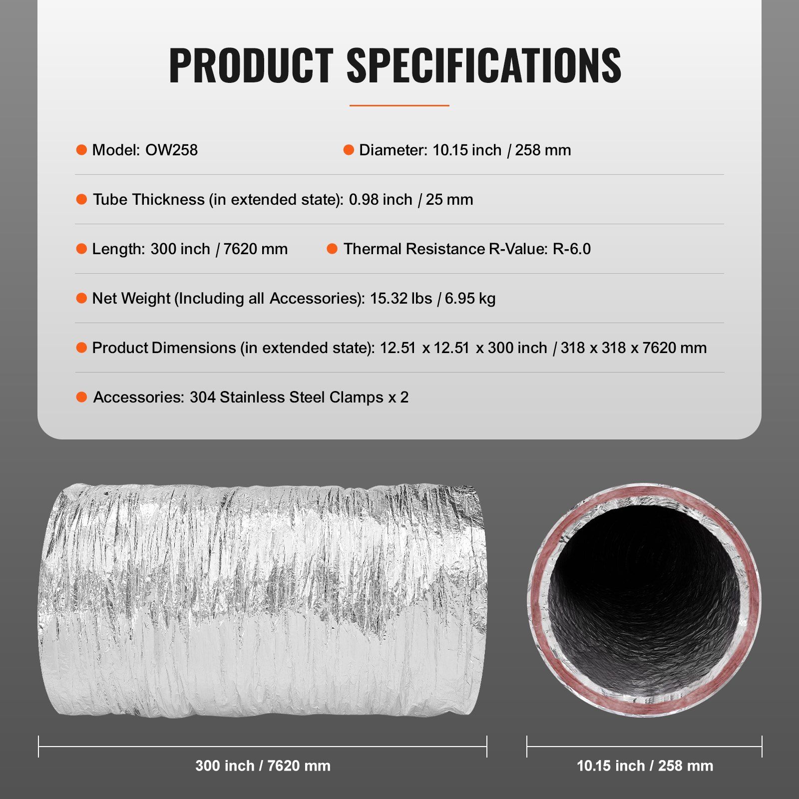 Dryer Vent Hose, 254MM Insulated Flexible Duct 7.62M Long with 2 Duct Clamps, Heavy-Duty Three Layer Protection for HVAC Heating Cooling Ventilation and Exhaust, R-6.0 Flame Resistance Value - Image 7