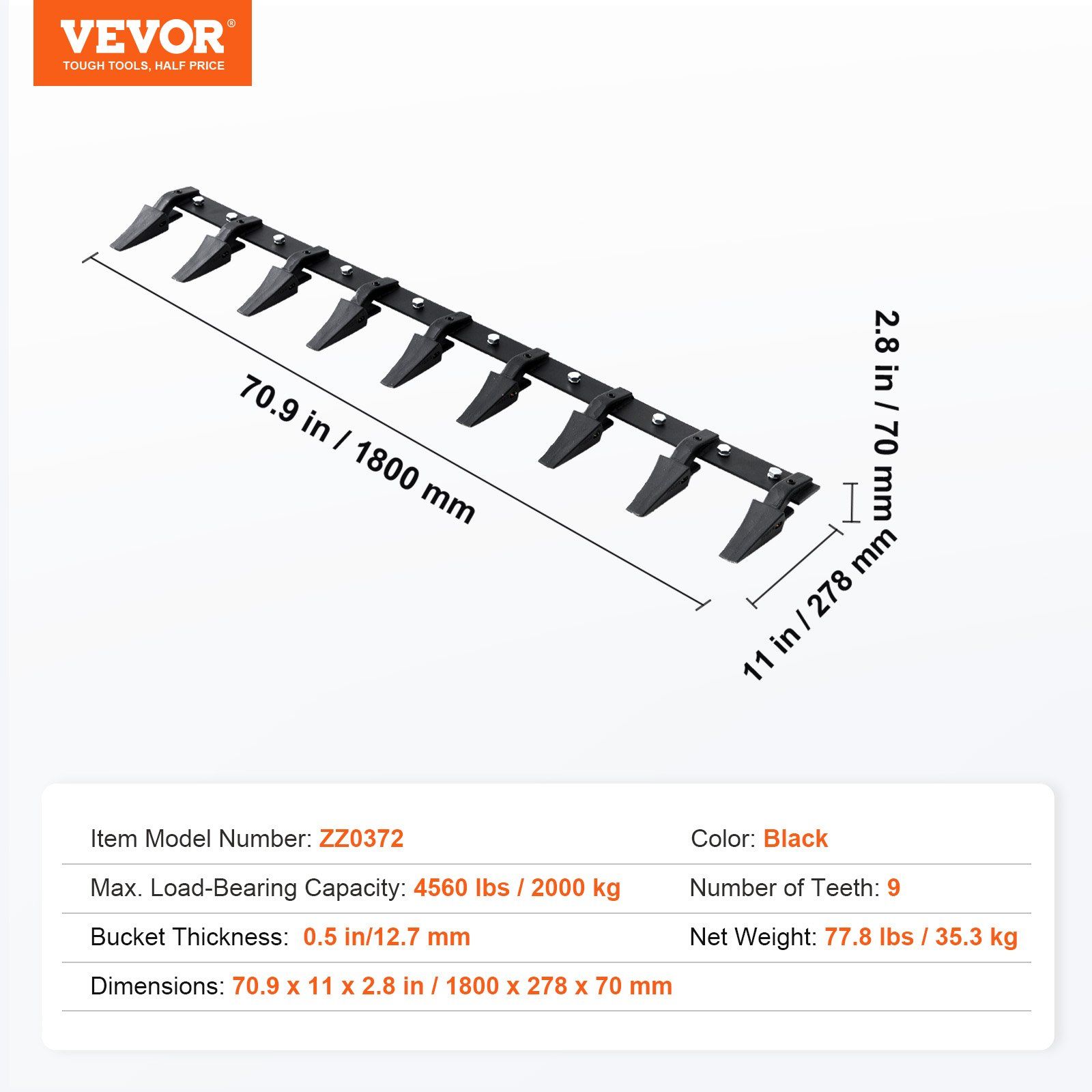 Bucket Tooth Bar, 1800mm, Heavy Duty Tractor Bucket 9 Teeth Bar for Loader Tractor Skidsteer, 2000 kg Load-Bearing Capacity Bolt On Design, for Efficient Soil Excavation and Bucket Protection - Image 7