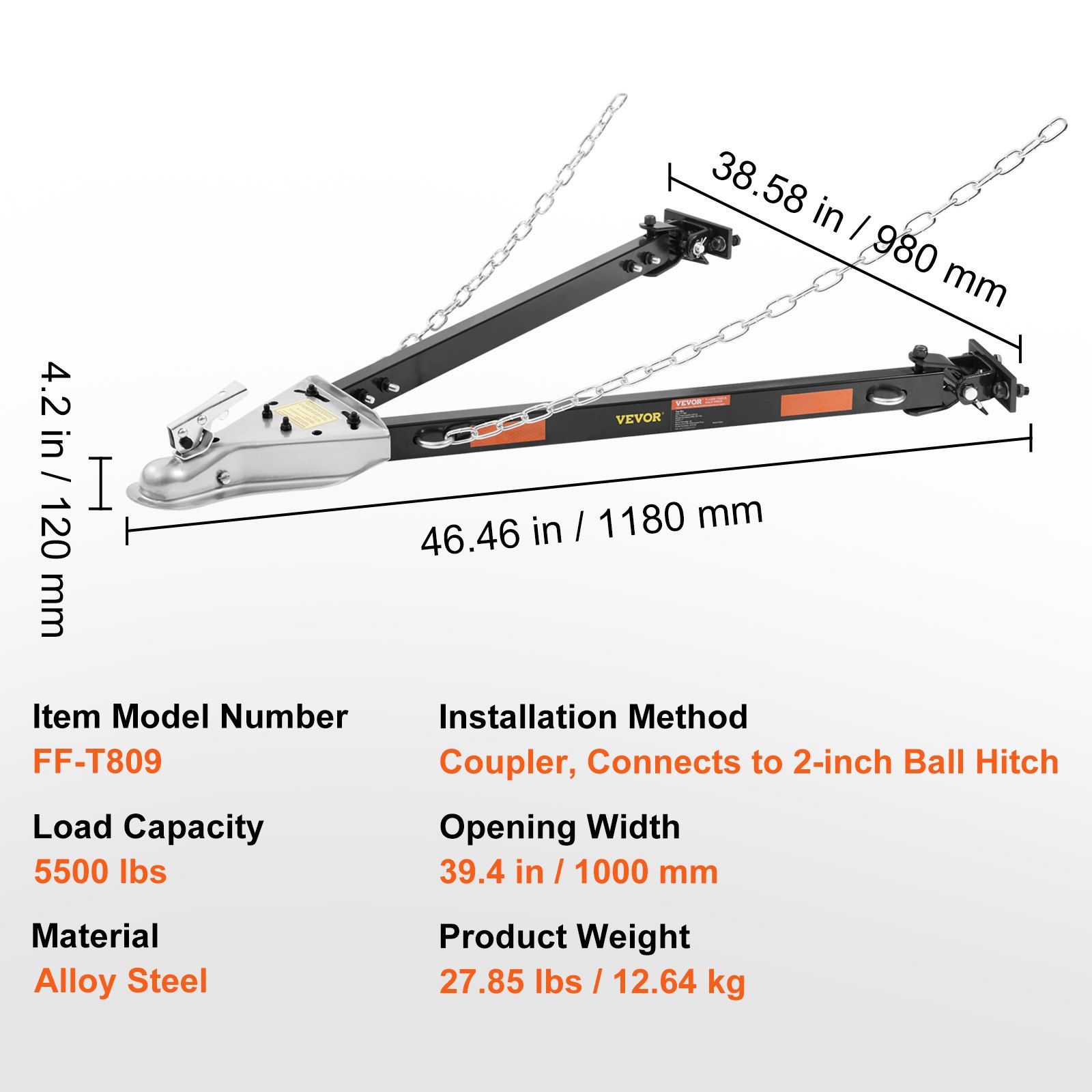 Tow Bar, 2495 kg Towing Capacity with Chains, Powder-Coating Alloy Steel Bumper-Mounted Universal Towing Bar, Coupler Fits 5cm Ball Hitch, 100 cm Opening Width, for RV Car Trailer Truck - Image 7