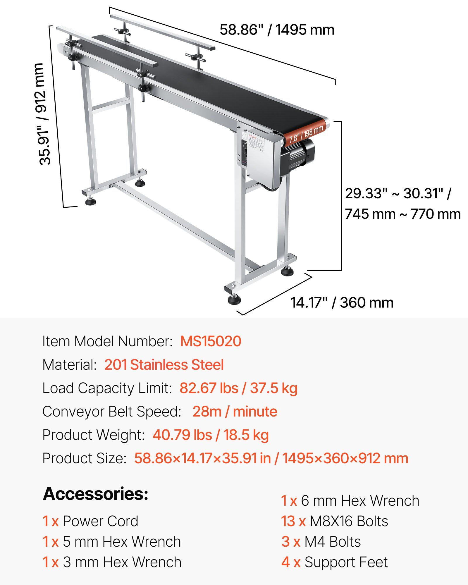 Belt Conveyor, 1498.6 x 198.1 mm Conveyor Table Heavy Duty Stainless Steel Motorized Belt Conveyor for Inkjet Coding Applications Powered PVC Belt Anti-Static Adjustable Speed (Double Guardrail) - Image 7