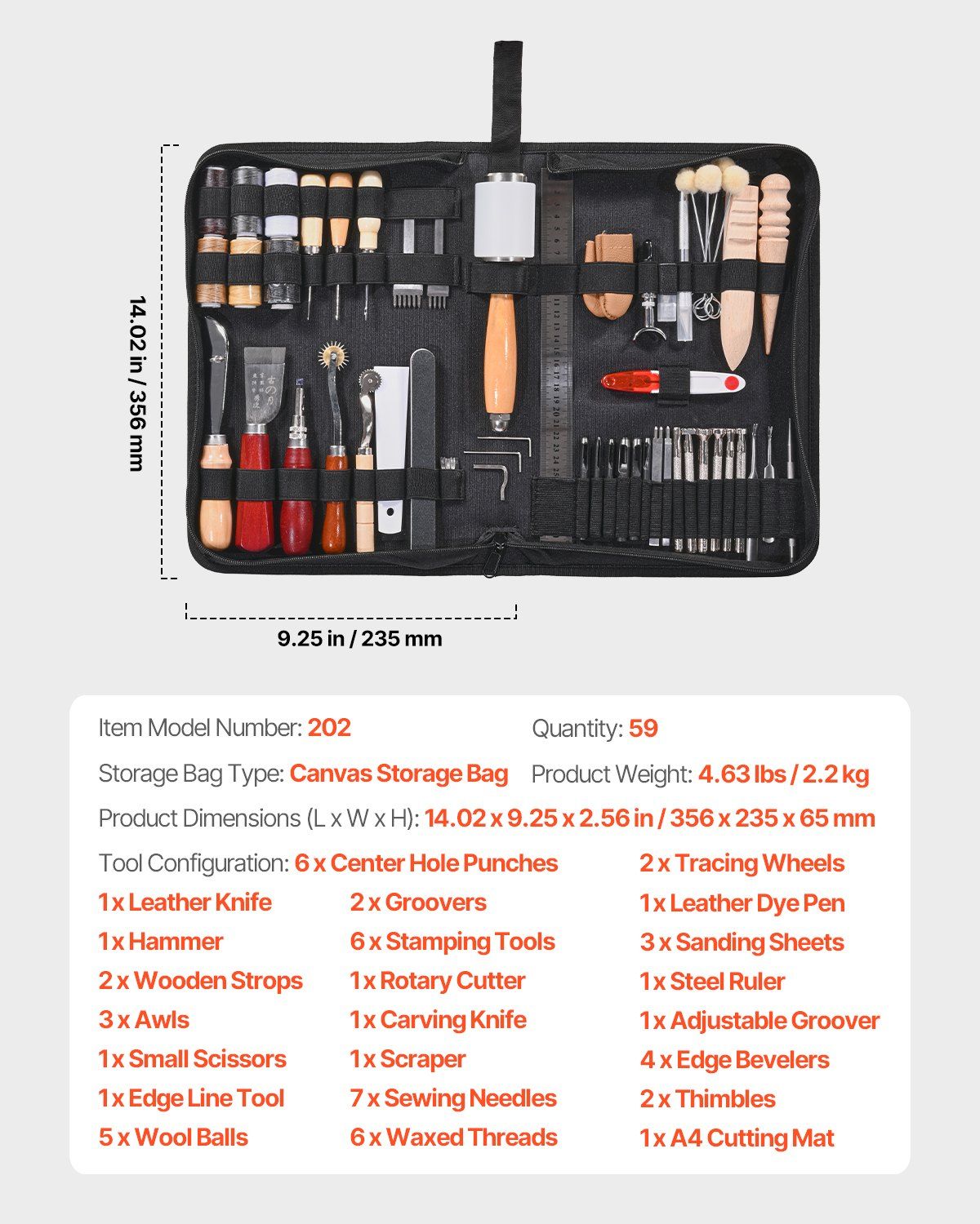 Leather Working Tools Kit, 59 PCS Leather Craft Tools with Portable Canvas Storage Bag, Engraving Punching Sewing Stamping Sanding Tools, Ideal for Beginners DIY Enthusiasts and Professionals - Image 7