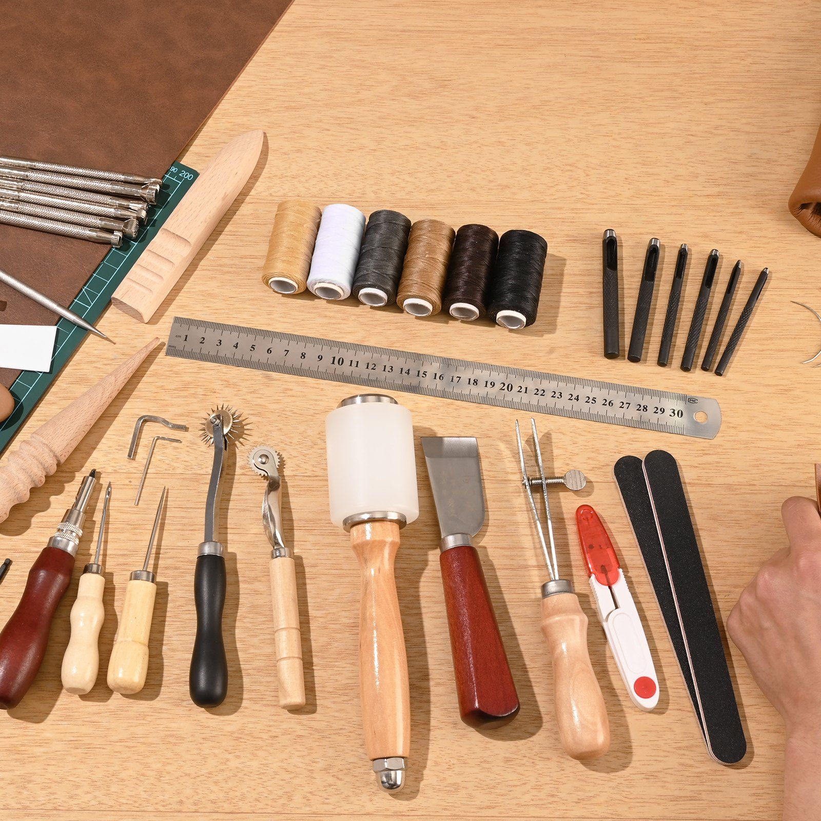 Leather Working Tools Kit, 59 PCS Leather Craft Tools with Portable Canvas Storage Bag, Engraving Punching Sewing Stamping Sanding Tools, Ideal for Beginners DIY Enthusiasts and Professionals - Image 8