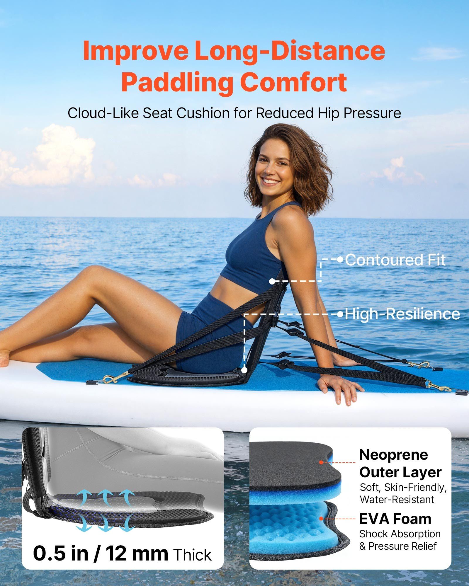 Kayak Seat, 1 Pack 12 mm Thick, Universal Paddle Board Seat with Back Support, Sit-on-Top Soft Padded Cushion with Storage Bag & Adjustable Straps for SUP, Canoe, Fishing Boat, Inflatable Kayak - Image 2
