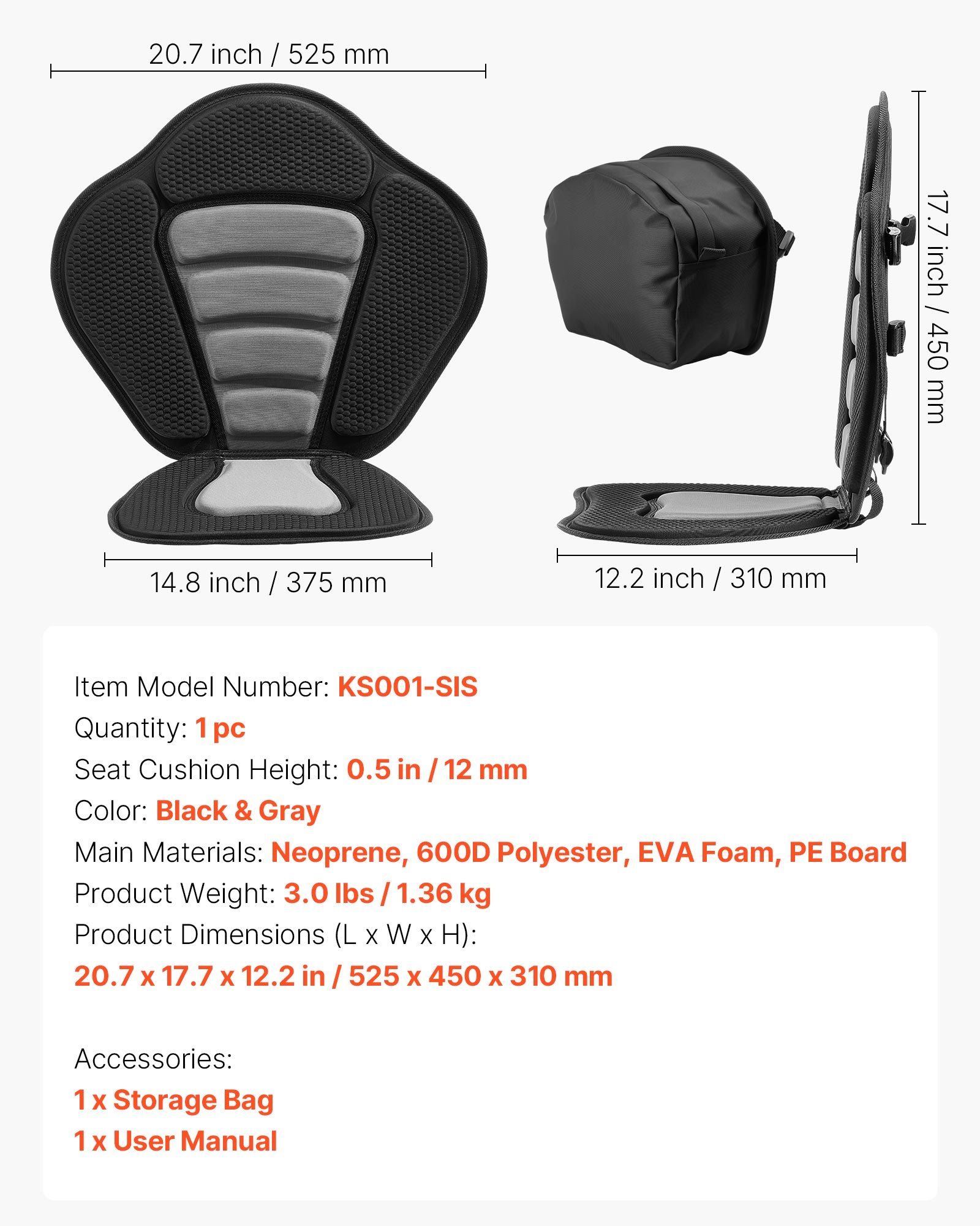 Kayak Seat, 1 Pack 12 mm Thick, Universal Paddle Board Seat with Back Support, Sit-on-Top Soft Padded Cushion with Storage Bag & Adjustable Straps for SUP, Canoe, Fishing Boat, Inflatable Kayak - Image 7