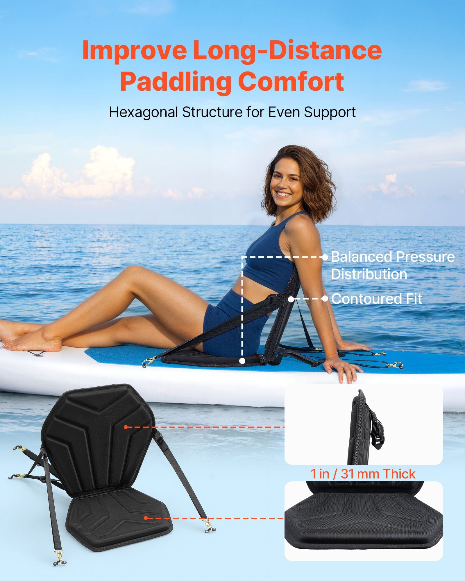 Kayak Seat, 1 Pack 31 mm Thick, Universal Paddle Board Seat with Back Support, Hexagonal Sit-on-Top Soft Padded Cushion with Storage Bag & Adjustable Straps for SUP, Fishing/Inflatable Kayak - Image 2