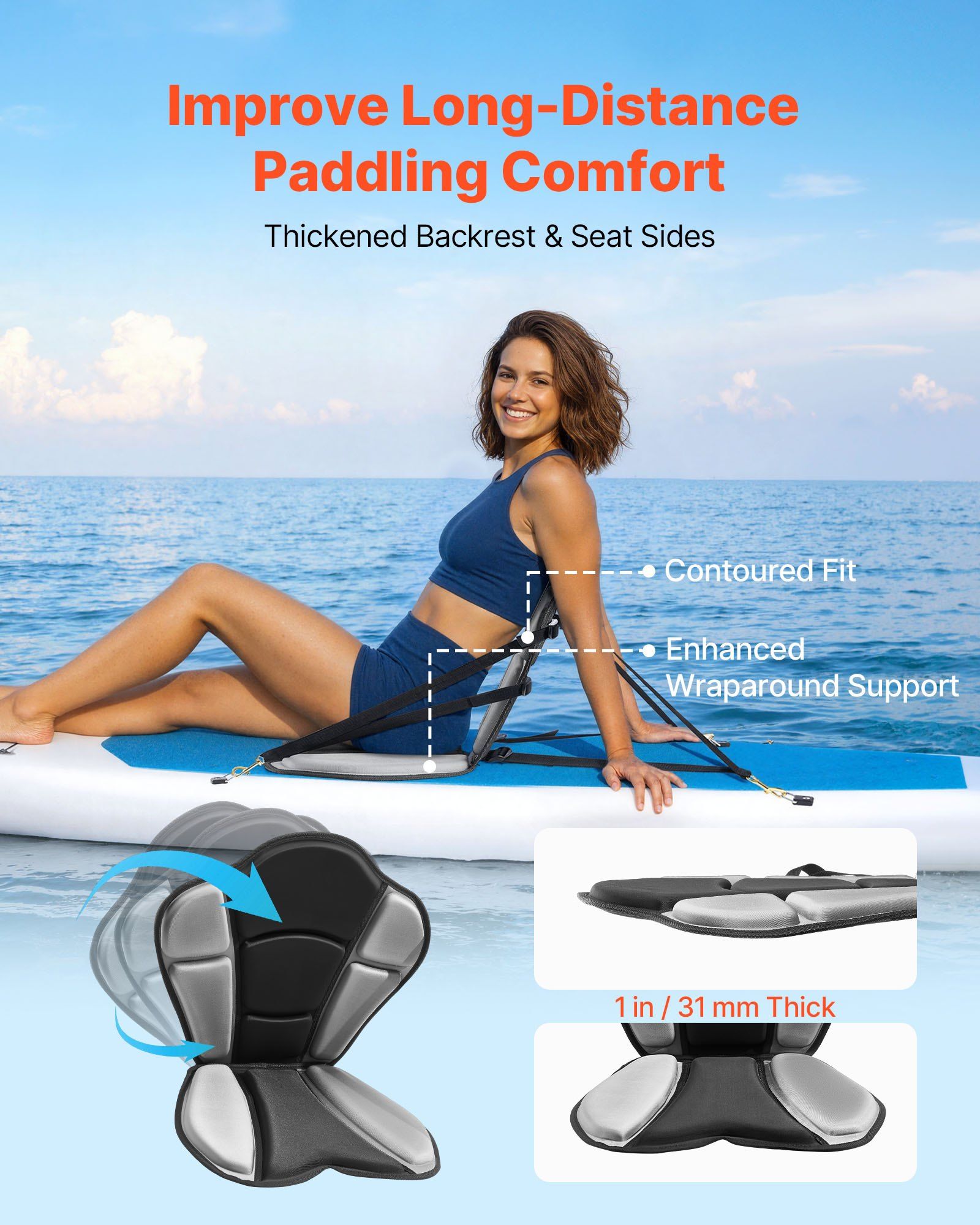 Kayak Seat, 1 Pack 31 mm Thick, Universal Paddle Board Seat with Back Support, Sit-on-Top Soft Padded Cushion with Storage Bag & Adjustable Straps for SUP, Fishing/Inflatable Kayak, Rowboat - Image 2