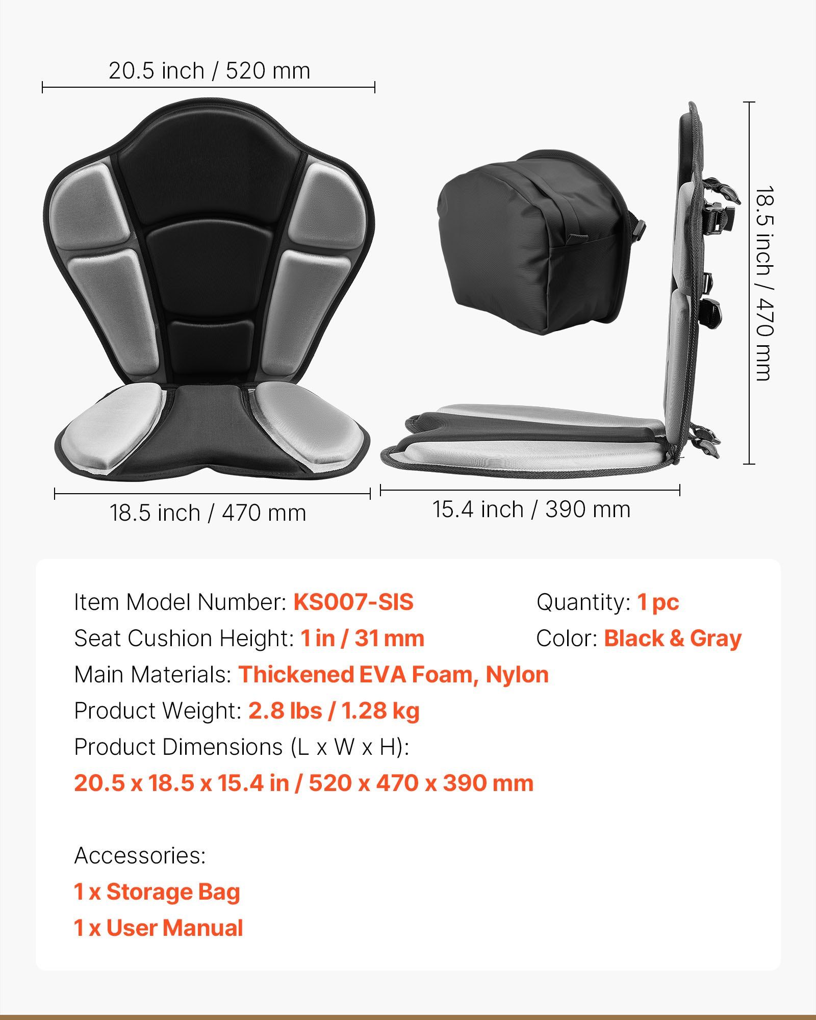 Kayak Seat, 1 Pack 31 mm Thick, Universal Paddle Board Seat with Back Support, Sit-on-Top Soft Padded Cushion with Storage Bag & Adjustable Straps for SUP, Fishing/Inflatable Kayak, Rowboat - Image 7