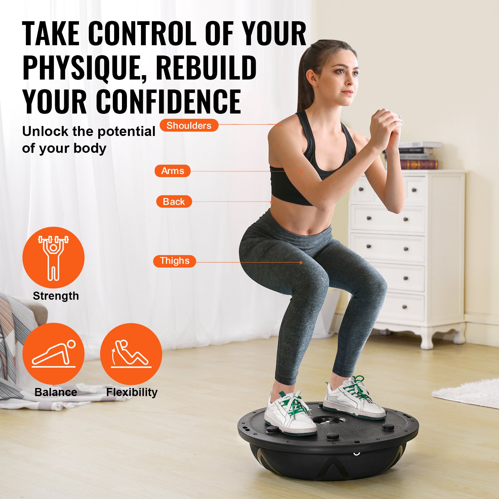 Half Exercise Ball Trainer, 23 inch Balance Ball Trainer, 660 lbs Capacity Stability Ball, Yoga Ball with Resistance Bands and Pump, Strength Fitness Ball for Home Gym, Full Body Workouts, Black - Image 3