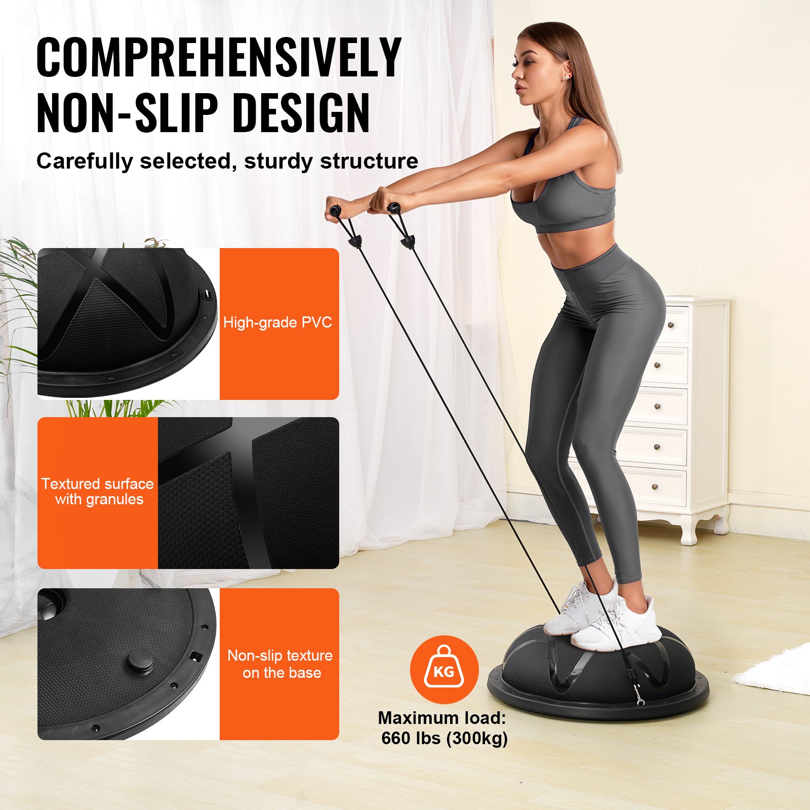 Half Exercise Ball Trainer, 23 inch Balance Ball Trainer, 660 lbs Capacity Stability Ball, Yoga Ball with Resistance Bands and Pump, Strength Fitness Ball for Home Gym, Full Body Workouts, Black - Image 4