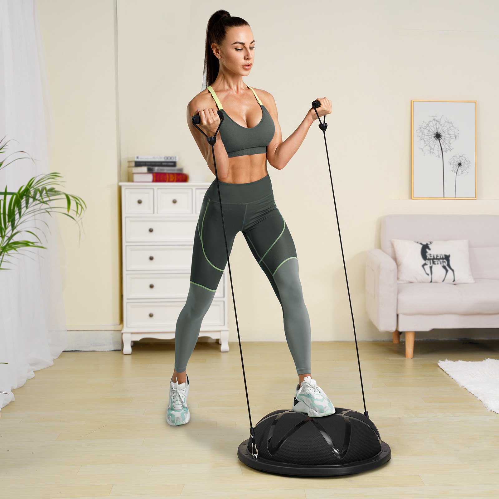 Half Exercise Ball Trainer, 23 inch Balance Ball Trainer, 660 lbs Capacity Stability Ball, Yoga Ball with Resistance Bands and Pump, Strength Fitness Ball for Home Gym, Full Body Workouts, Black - Image 8