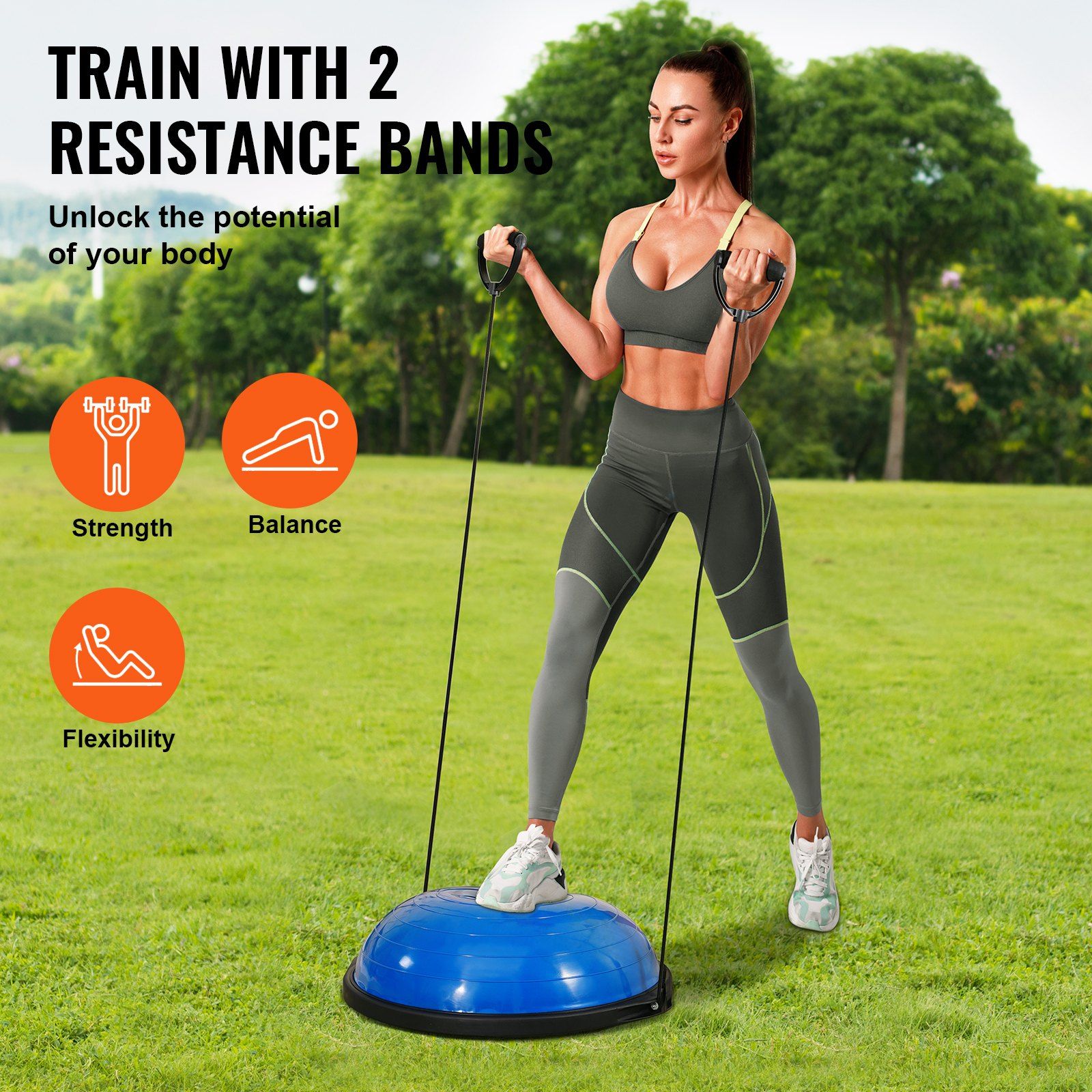 Half Exercise Ball Trainer, 26 inch Balance Ball Trainer, 1500lbs Capacity Stability Ball, Yoga Ball with Resistance Bands & Foot Pump, Strength Fitness Ball for Home Gym Full Body Workout, Blue - Image 3