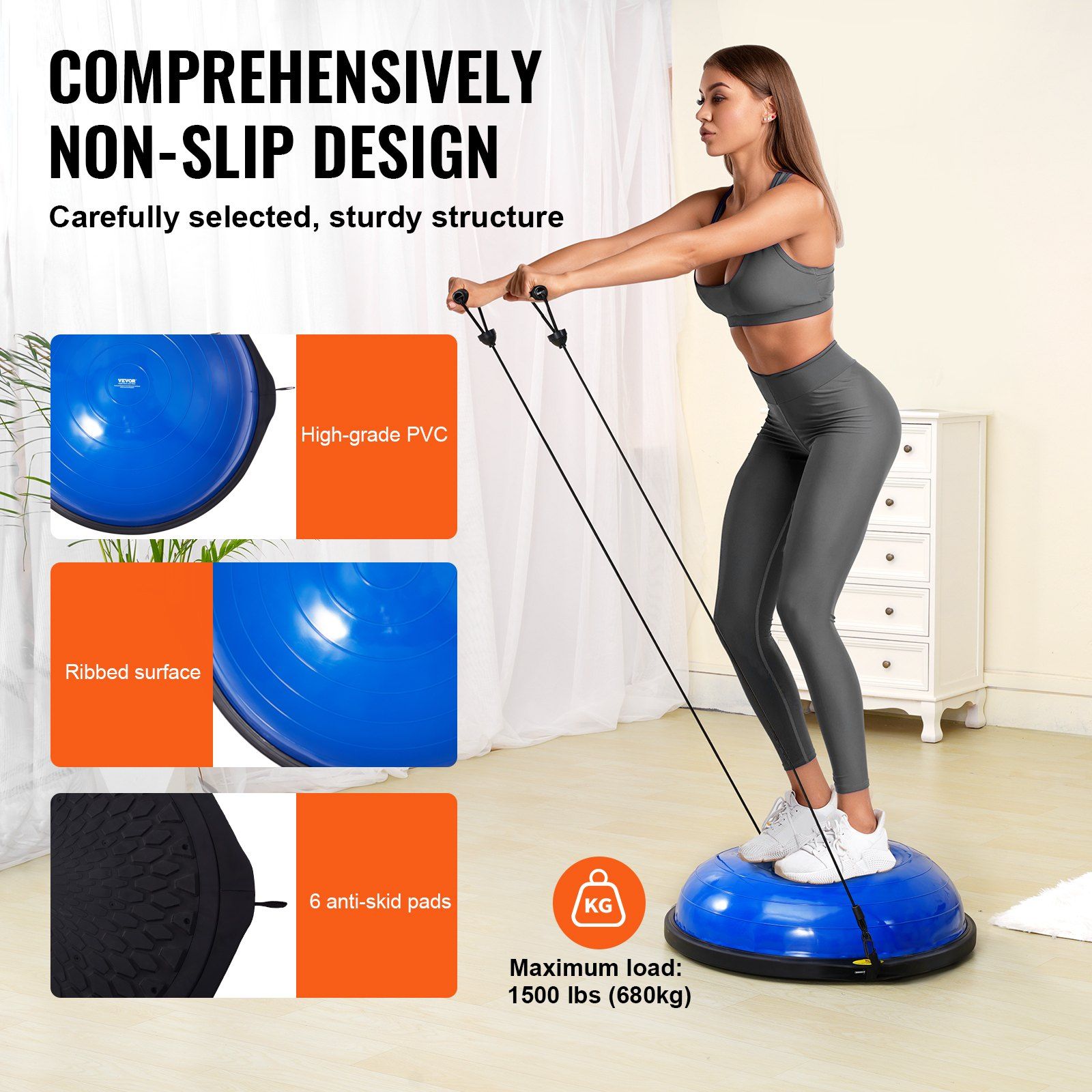Half Exercise Ball Trainer, 26 inch Balance Ball Trainer, 1500lbs Capacity Stability Ball, Yoga Ball with Resistance Bands & Foot Pump, Strength Fitness Ball for Home Gym Full Body Workout, Blue - Image 4