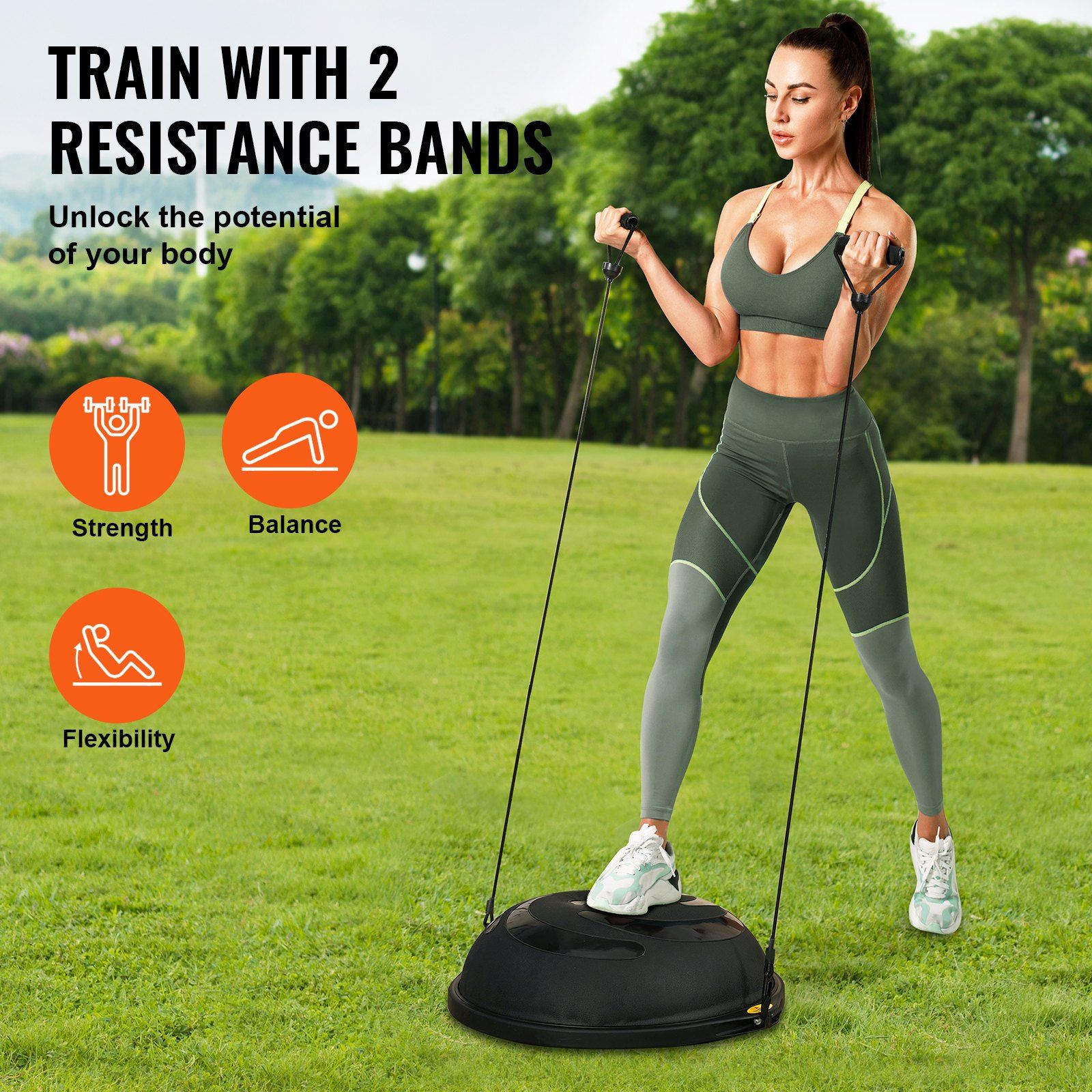 Half Exercise Ball Trainer, 26 inch Balance Ball Trainer, 1500lbs Capacity Stability Ball, Yoga Ball with Resistance Bands & Foot Pump, Strength Fitness Ball for Home Gym Full Body Workout Black - Image 3