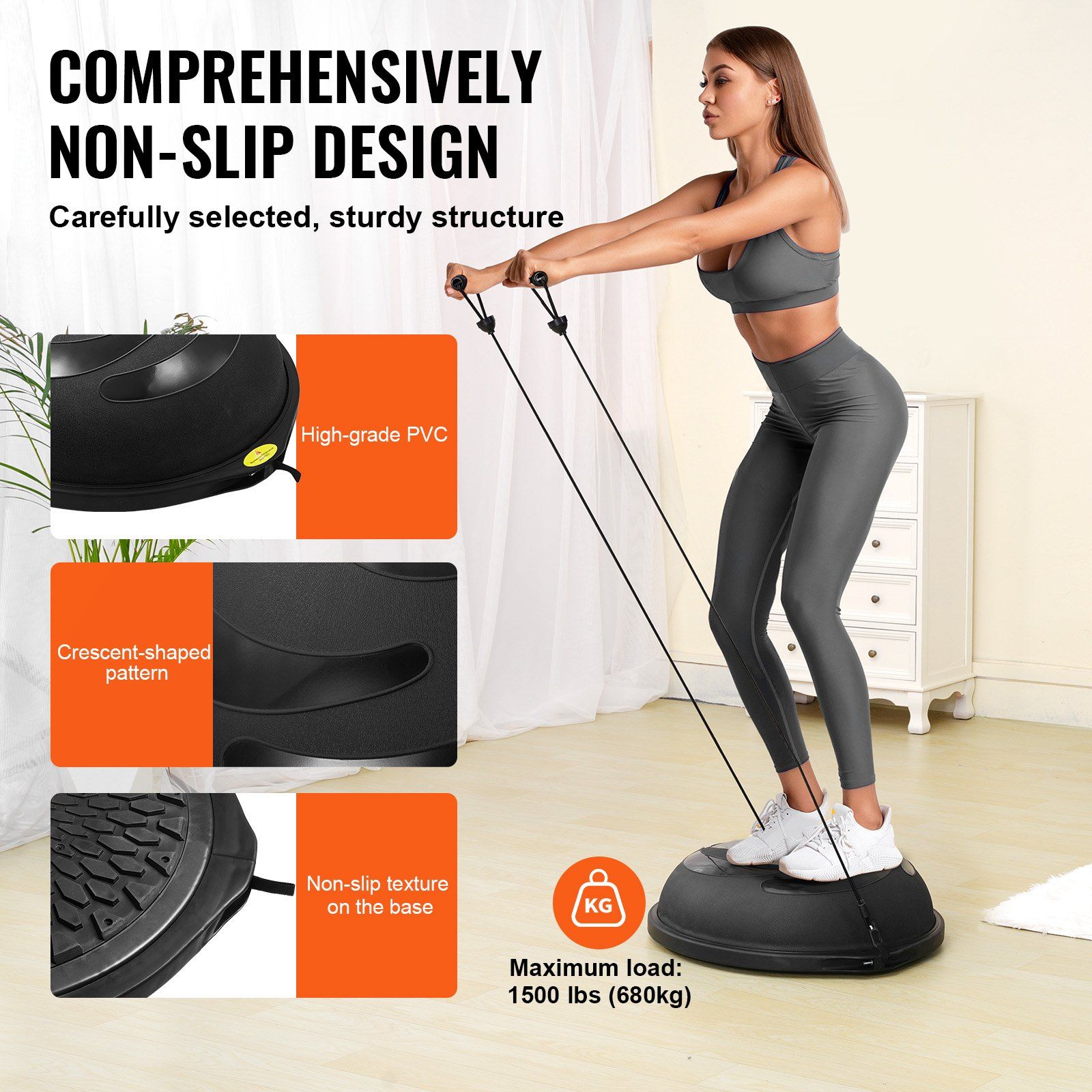Half Exercise Ball Trainer, 26 inch Balance Ball Trainer, 1500lbs Capacity Stability Ball, Yoga Ball with Resistance Bands & Foot Pump, Strength Fitness Ball for Home Gym Full Body Workout Black - Image 4