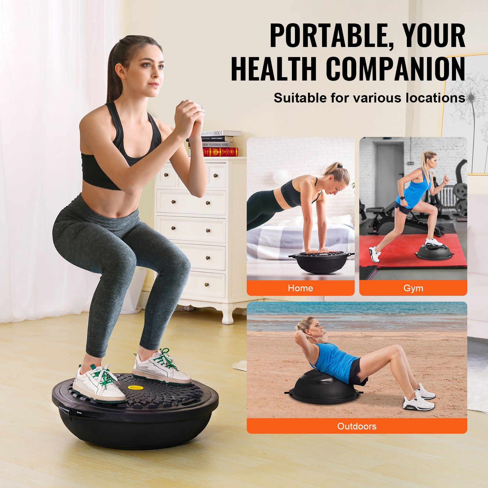 Half Exercise Ball Trainer, 26 inch Balance Ball Trainer, 1500lbs Capacity Stability Ball, Yoga Ball with Resistance Bands & Foot Pump, Strength Fitness Ball for Home Gym Full Body Workout Black - Image 6