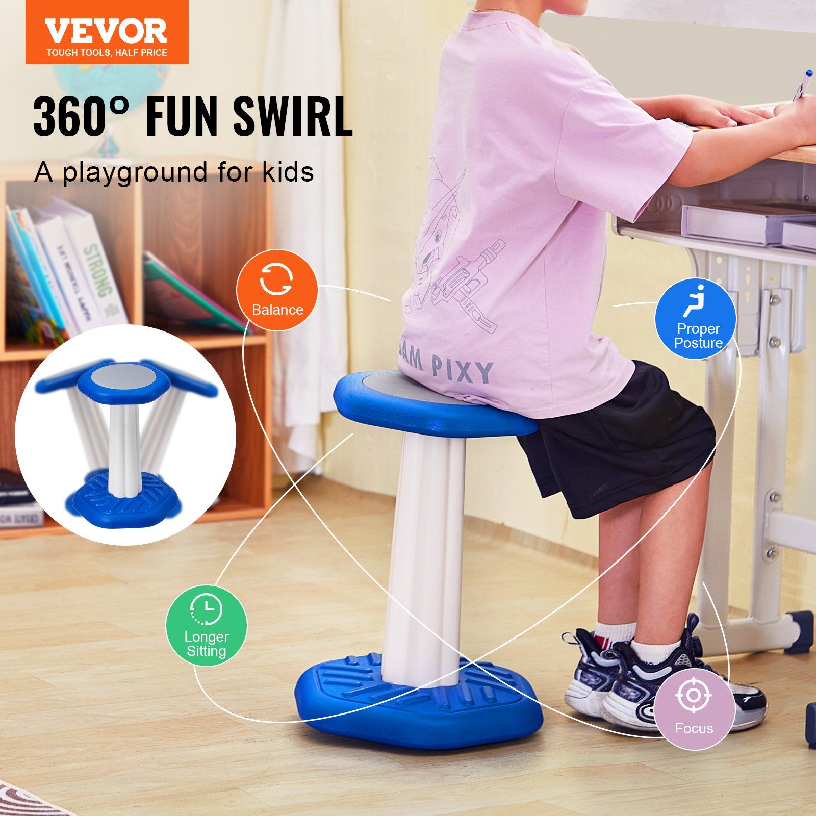 Kids Wobble Chair, Active Chair with Sponge Cushion, Wobble Stool Improves Focus, Posture and Calm Children, Ideal for Schools and Home, Age 7-14, Blue - Image 2