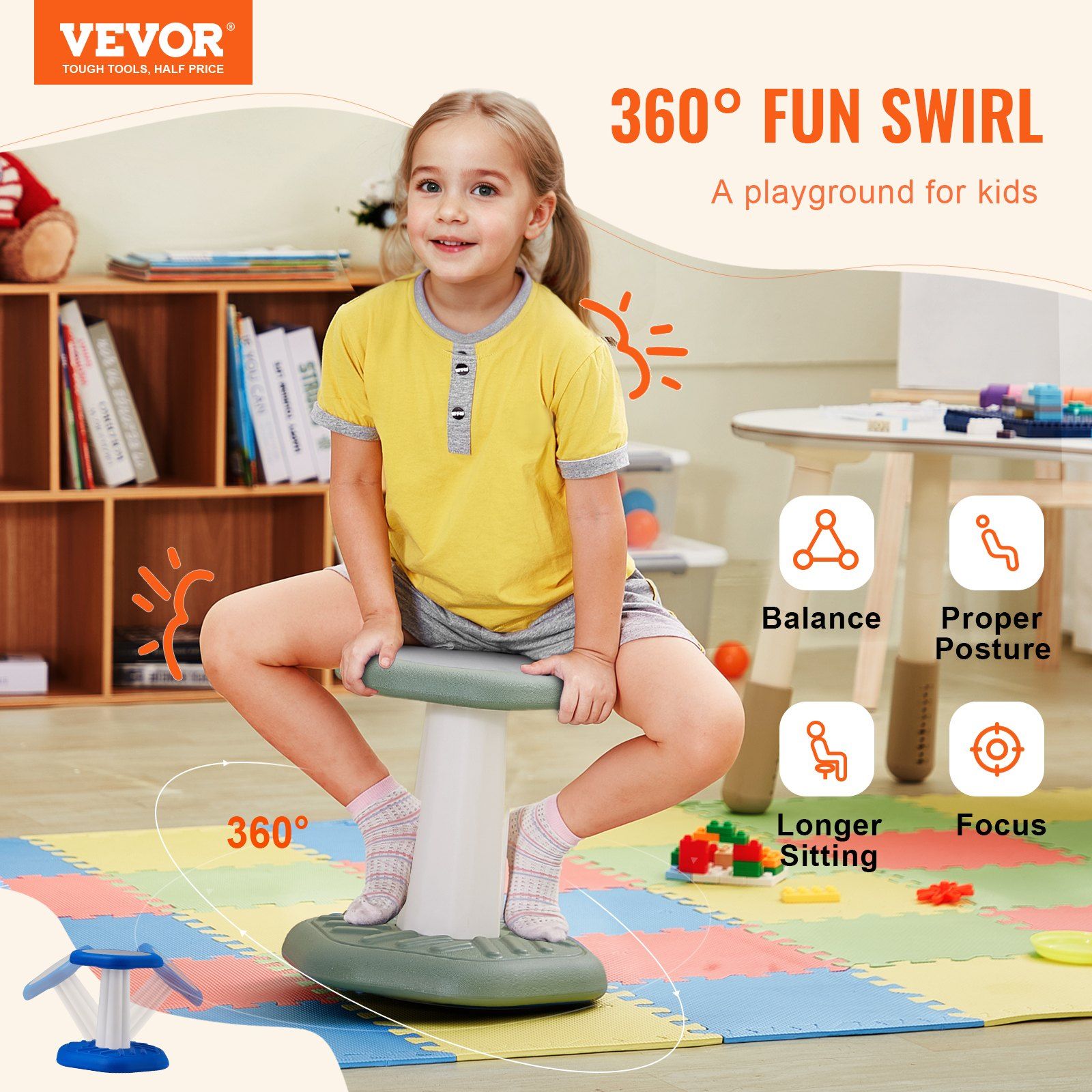 Kids Wobble Chair Active Chair  with Sponge Cushion, Wobble Stool Improves Focus, Posture and Calm Children, Ideal for Schools and Preschools, Age 3-7, Green - Image 2