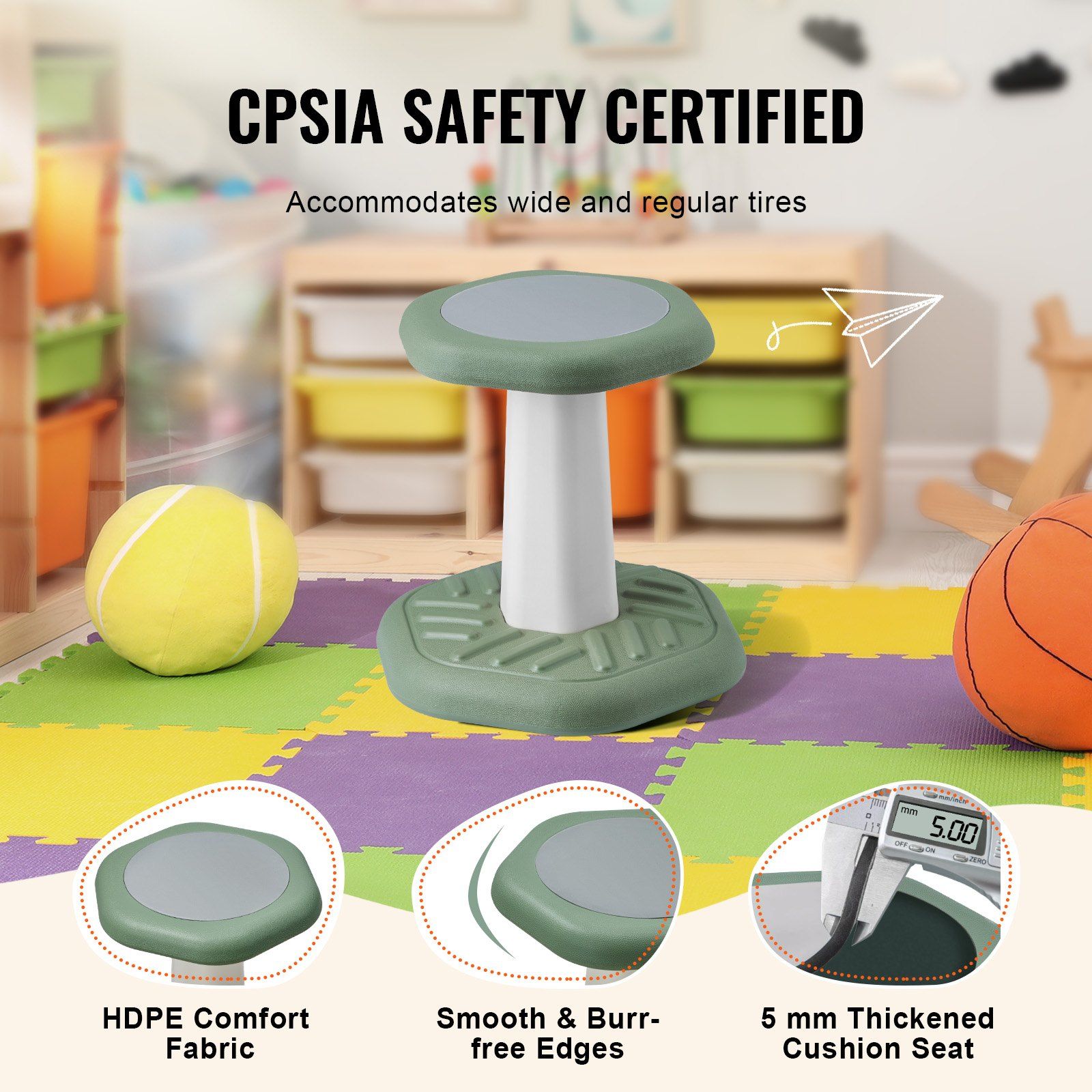 Kids Wobble Chair Active Chair  with Sponge Cushion, Wobble Stool Improves Focus, Posture and Calm Children, Ideal for Schools and Preschools, Age 3-7, Green - Image 4
