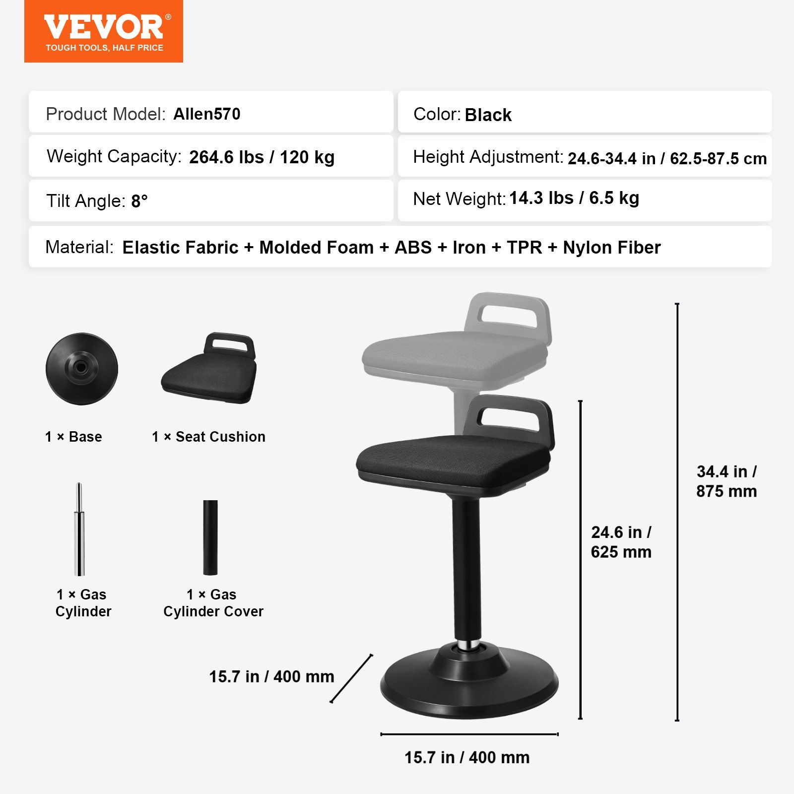 Active Chair with Handle, Height-Adjustable (24.6-34.4