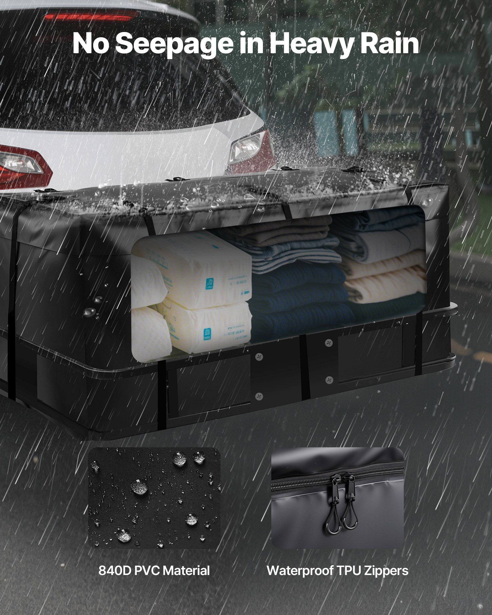 Hitch Cargo Carrier Bag, Waterproof 840D PVC, 152 x 61 x 62 cm (20 Cubic Feet), Heavy Duty Cargo Bag for Truck Bed Storage with 6 Reinforced Straps, Suitable for Car SUV Vans Hitch Basket - Image 3