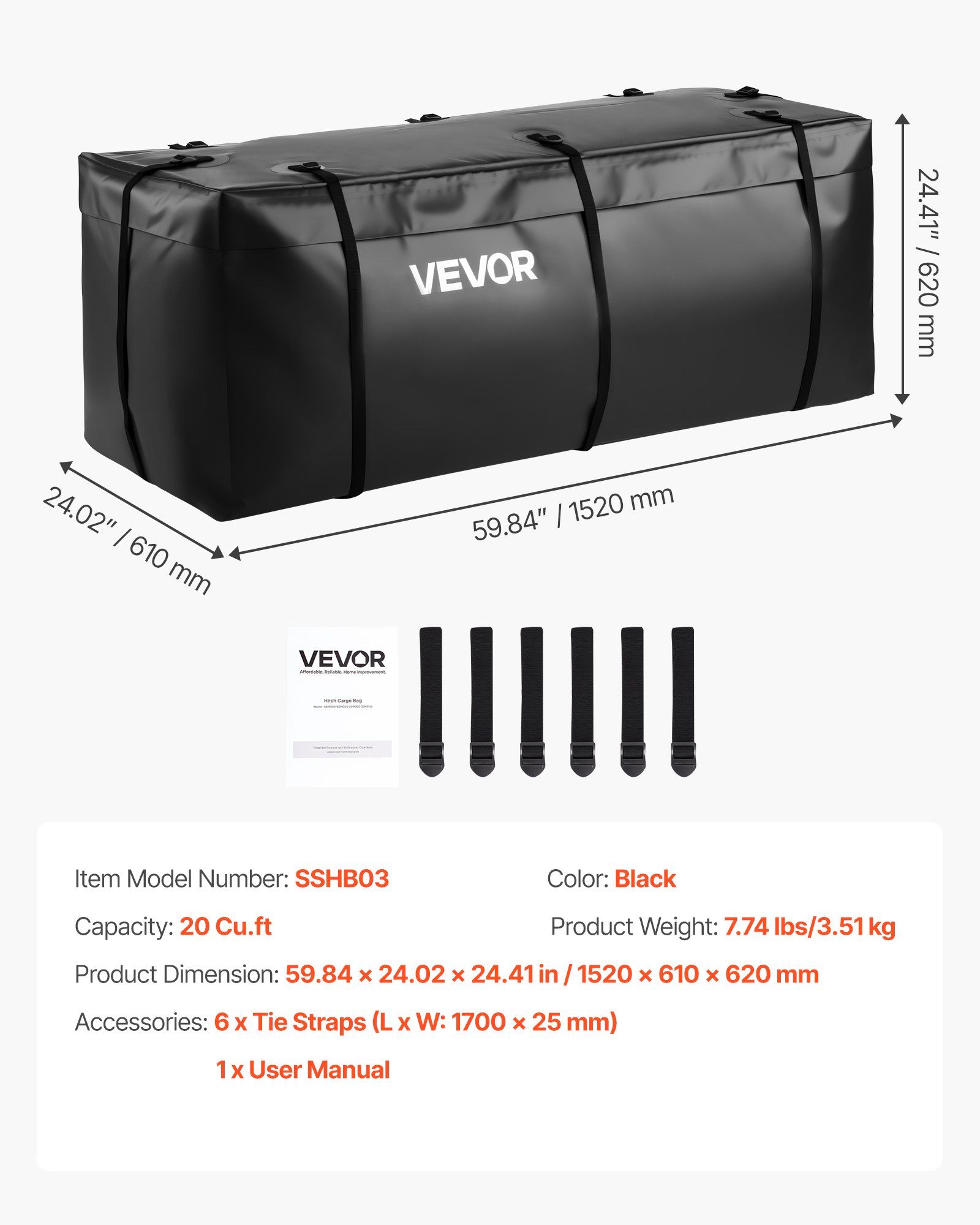 Hitch Cargo Carrier Bag, Waterproof 840D PVC, 152 x 61 x 62 cm (20 Cubic Feet), Heavy Duty Cargo Bag for Truck Bed Storage with 6 Reinforced Straps, Suitable for Car SUV Vans Hitch Basket - Image 7
