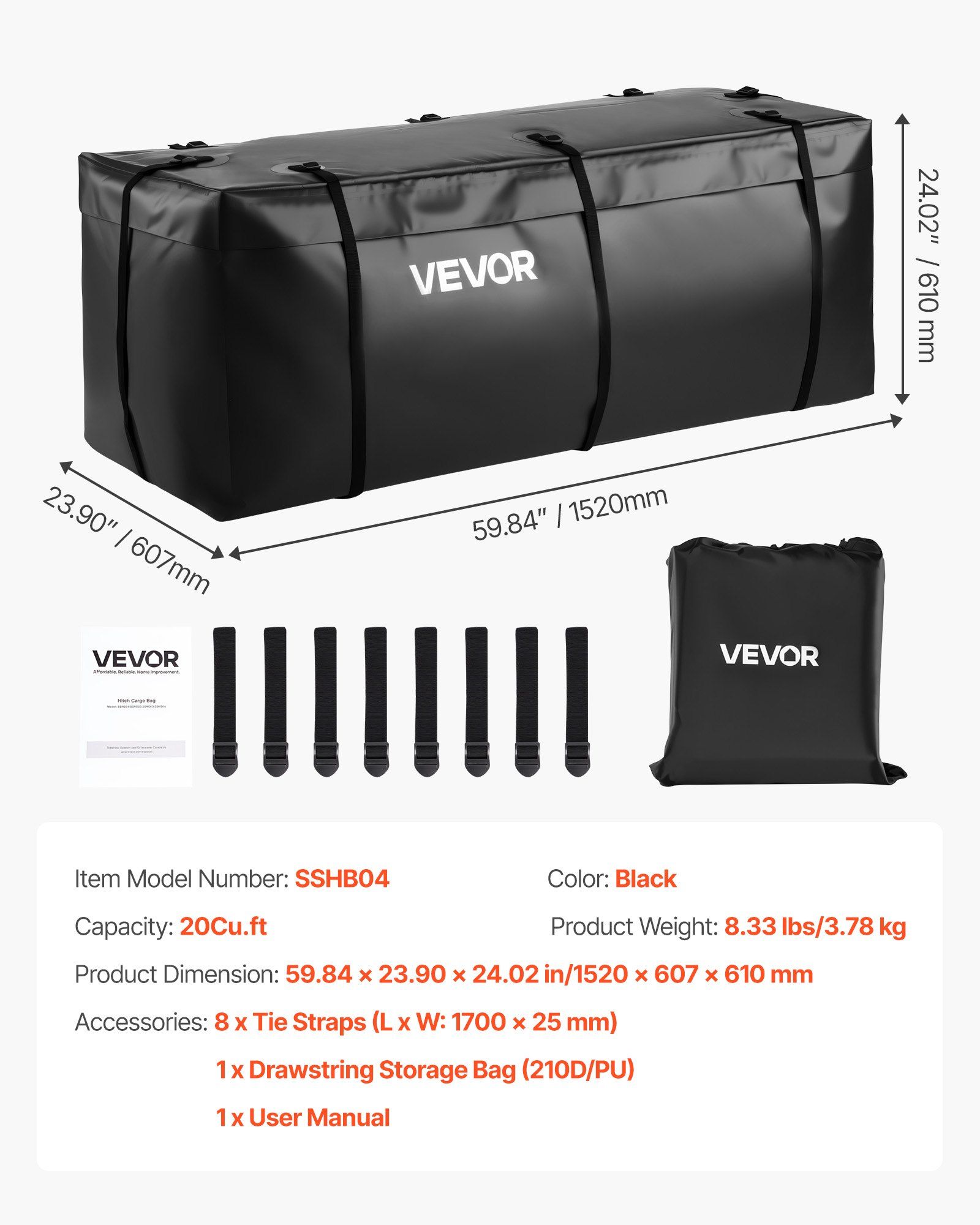 Hitch Cargo Carrier Bag, Waterproof 840D PVC, 152 x 60.7 x 61 cm (20 Cubic Feet), Heavy Duty Cargo Bag for Truck Bed Storage with 8 Reinforced Straps, Suitable for Car SUV Vans Hitch Basket - Image 7