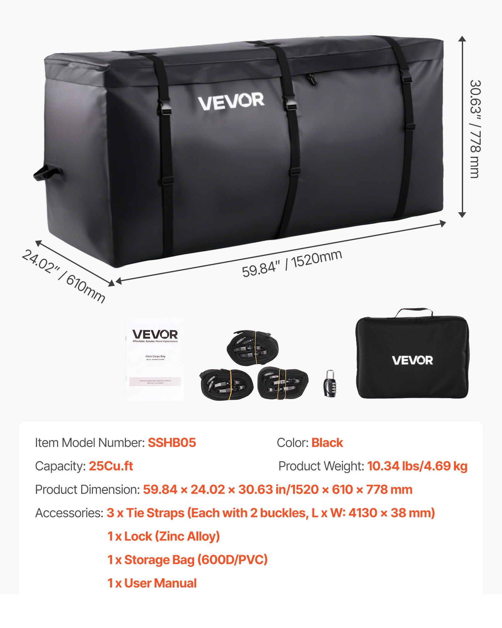 Hitch Cargo Carrier Bag, Waterproof 840D PVC, 152 x 61 x 77.8 cm (25 Cubic Feet), Heavy Duty Cargo Bag for Truck Bed Storage with Reinforced Straps, Suitable for Car SUV Vans Hitch Basket - Image 7