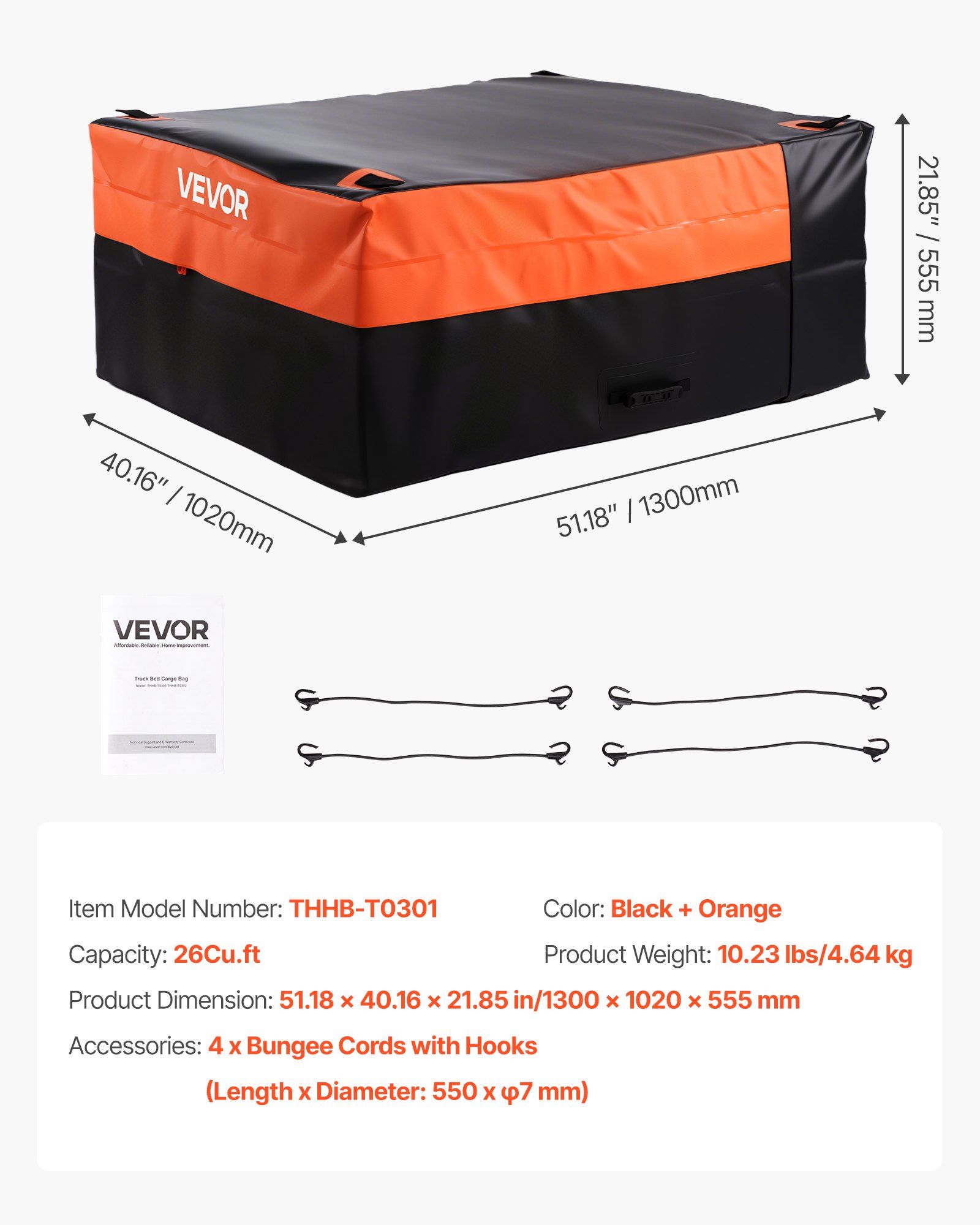 Truck Bed Cargo Bag, Waterproof 840D PVC, 130 x 102 x 55.5 cm (26 Cubic Feet), Heavy Duty Cargo Bag for Truck Bed with 4 Bungee Cords with Hooks, Fits a Variety of SUV and Pickup Trucks - Image 7