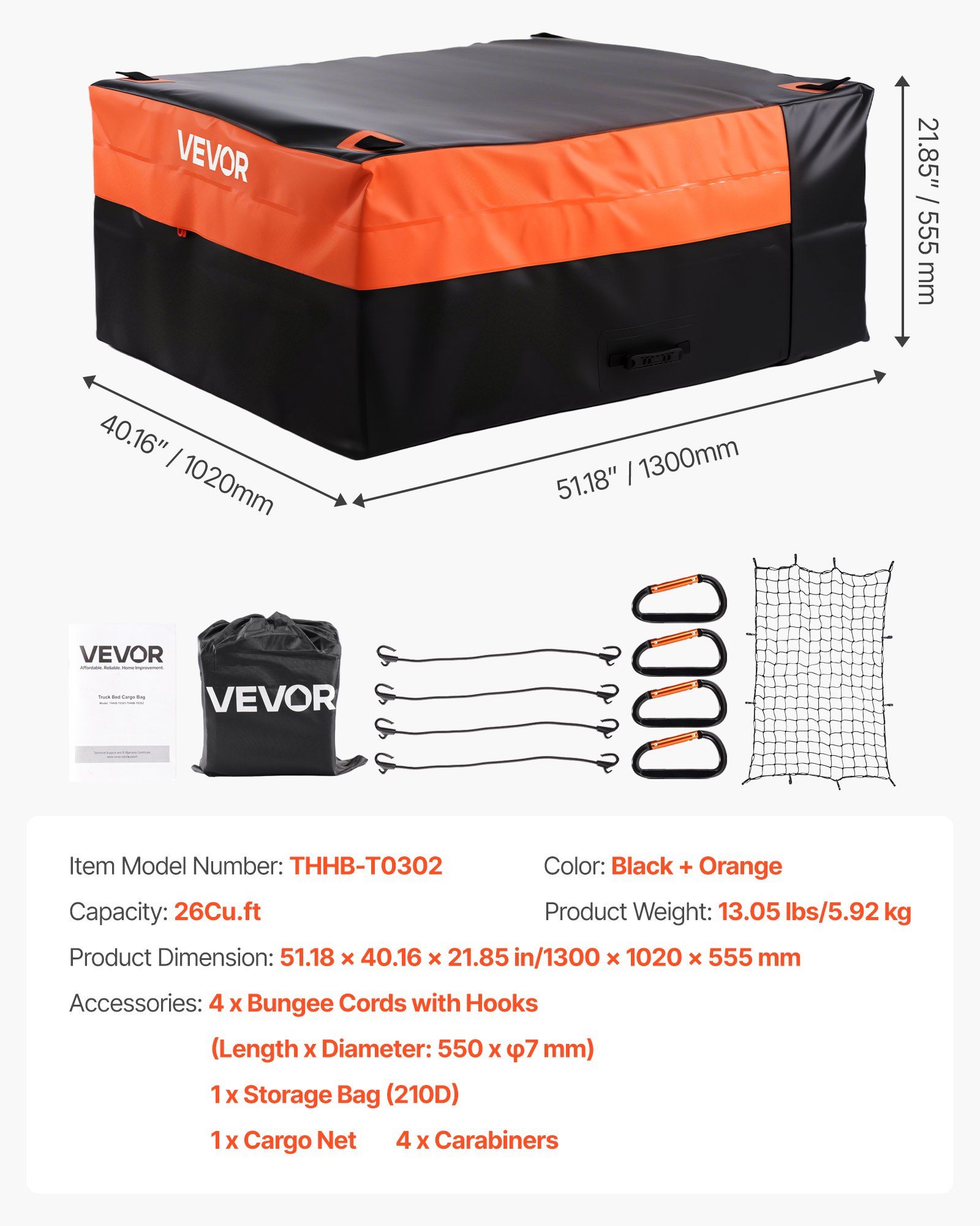 Truck Bed Cargo Bag, Waterproof 840D PVC, 130 x 102 x 55.5 cm (26 Cu. ft), Heavy Duty Cargo Bag for Truck Bed with Bungee Cords, Net and Carabiners, Fits a Variety of SUV & Pickup Trucks - Image 7