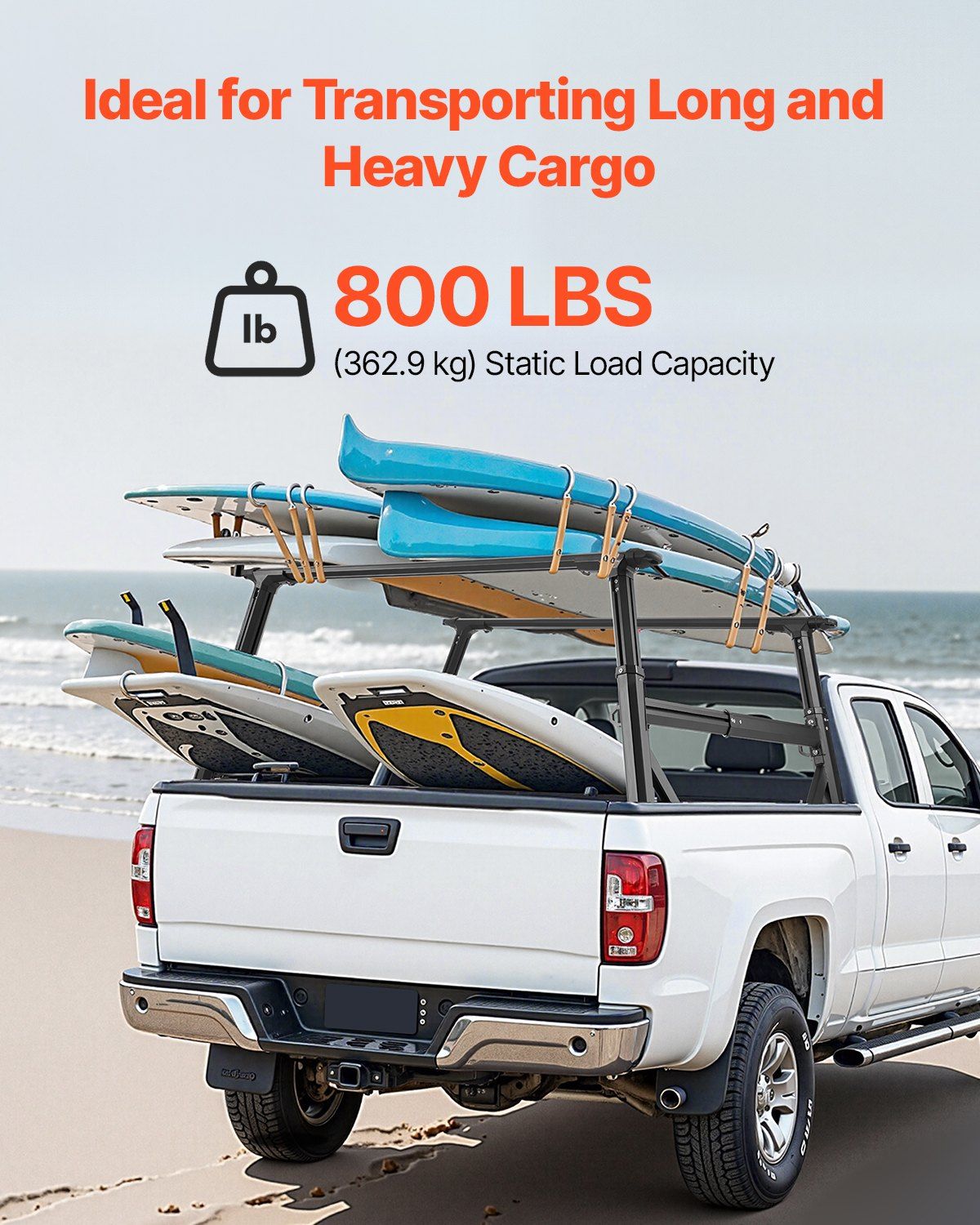 Truck Ladder Rack, 53.3-80.01 cm Height, Adjustable Non-Drilling Aluminum Cargo Rack with Sidebar, 362.9 kg Static Capacity, Ideal for Canoes, Surfboards, Ladders, Lumber, Tents & Large cargo - Image 4