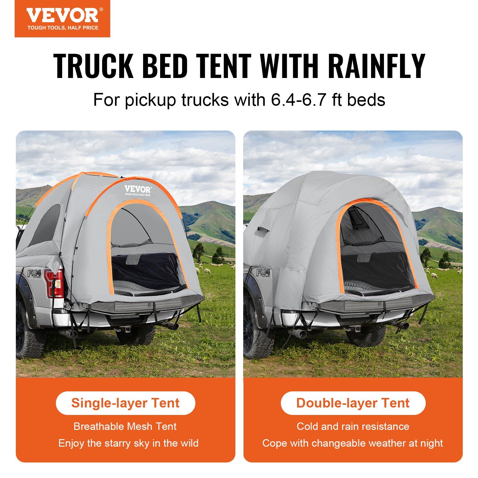 Truck Bed Tent, 6.4'-6.7' Pickup Truck Tent with Rain Layer and Carry Bag, Waterproof PU2000mm Double Layer Truck Tent, Accommodate 2-3 Person, for Camping Traveling Outdoor Activities - Image 2