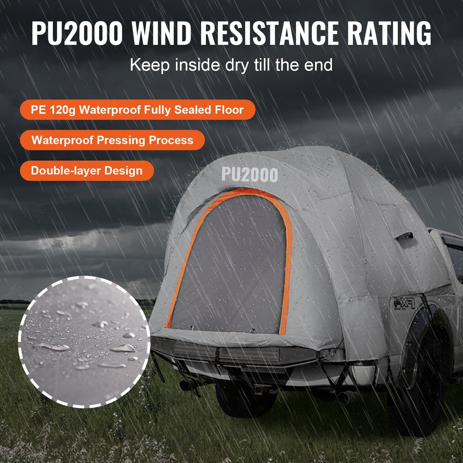 Truck Bed Tent, 6.4'-6.7' Pickup Truck Tent with Rain Layer and Carry Bag, Waterproof PU2000mm Double Layer Truck Tent, Accommodate 2-3 Person, for Camping Traveling Outdoor Activities - Image 3