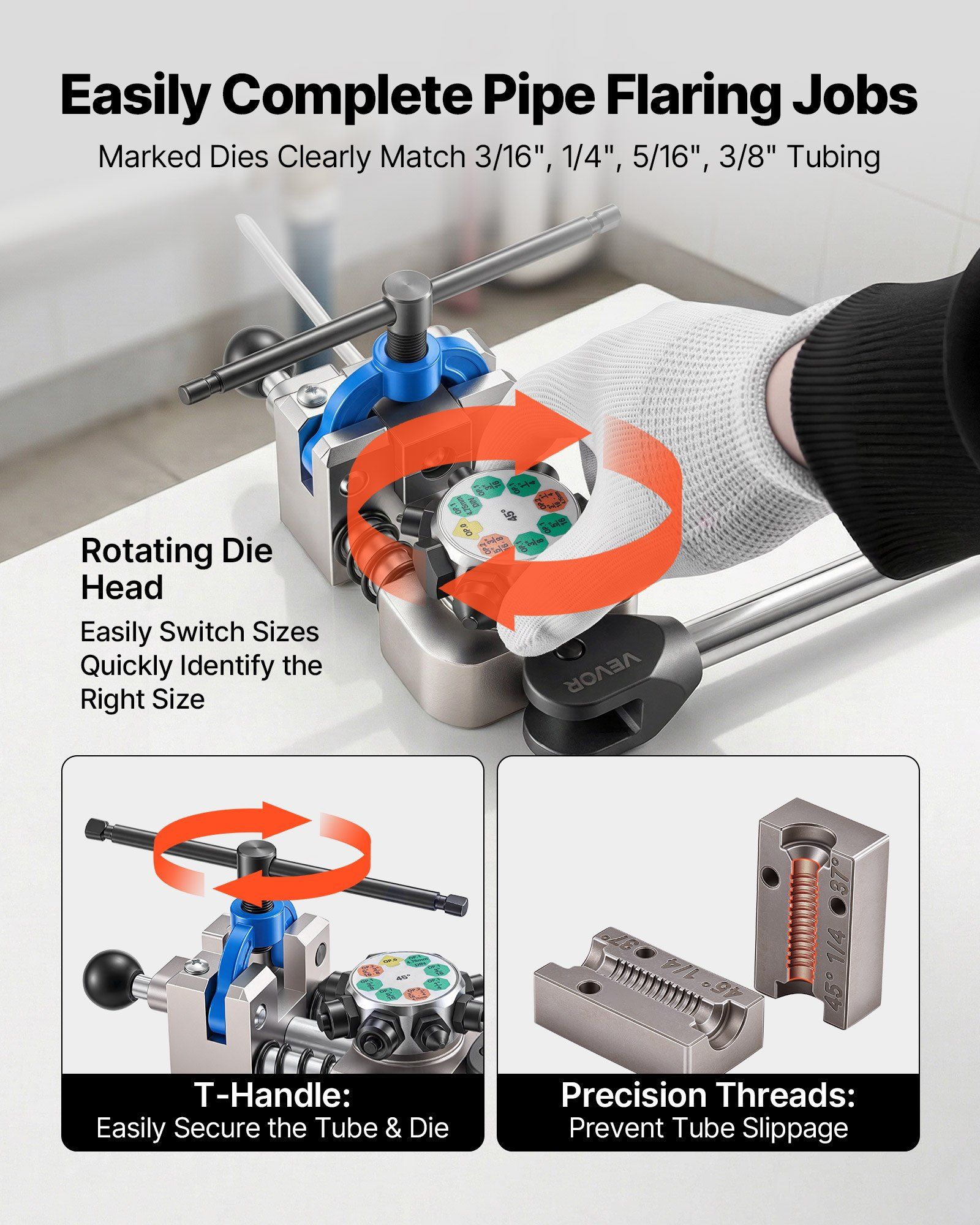 Professional Brake Line Flaring Tool, 45 Degree Double Flare Bubble Flare Tool Kit for 4.76mm, 6.35mm, 7.94mm, 9.52mm Copper Aluminum Thin Steel Tubes - Image 5