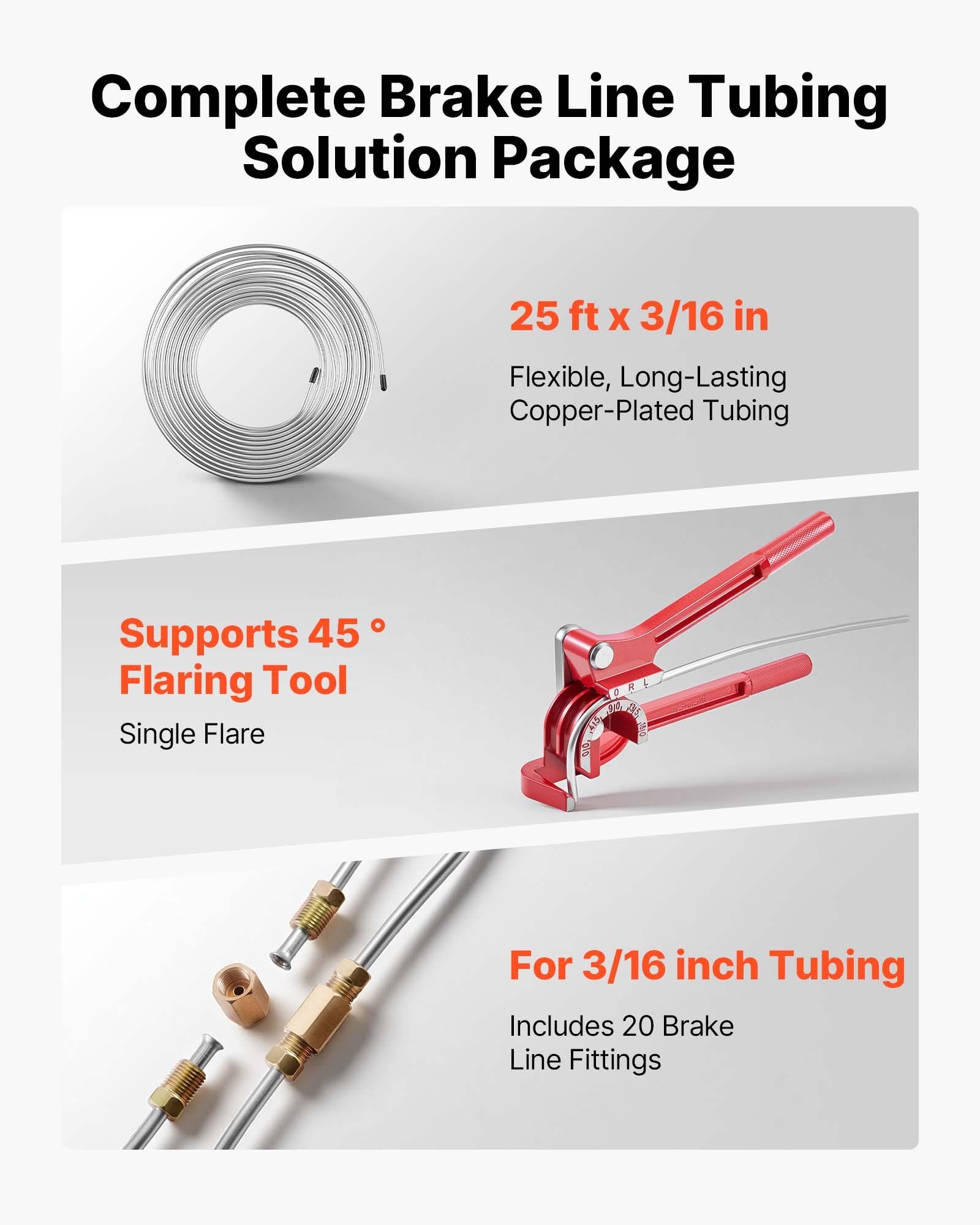 Brake Line Repair Kit, 45° Single Brake Line Flaring Tool Kit, 7.6m x 4.76mm Copper-Coated Brake Line with 20 Fittings & 2 Unions, 3-in-1 Tube Bender, Tube Cutter Included - Image 2