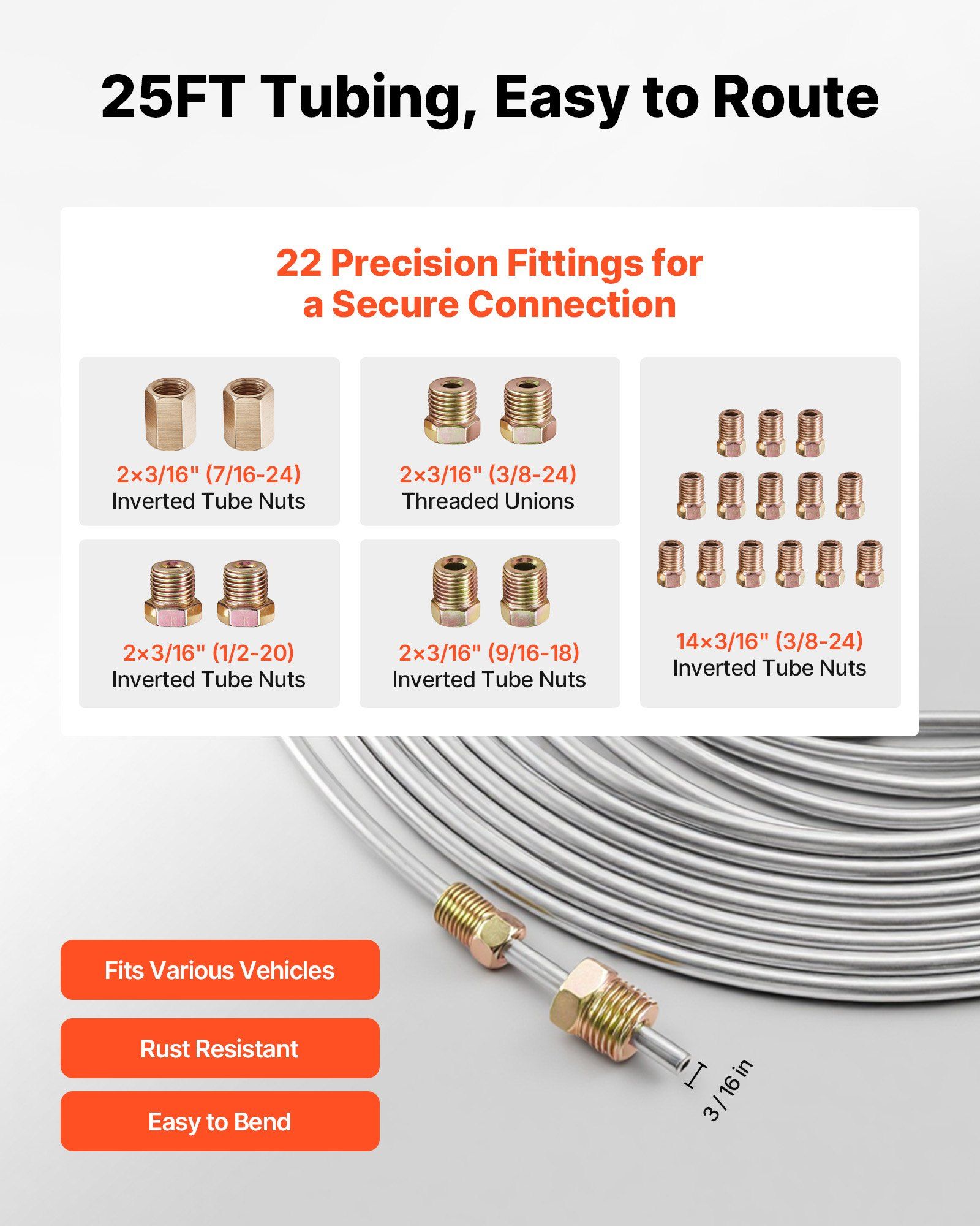 Brake Line Repair Kit, 45° Single Brake Line Flaring Tool Kit, 7.6m x 4.76mm Copper-Coated Brake Line with 20 Fittings & 2 Unions, 3-in-1 Tube Bender, Tube Cutter Included - Image 3