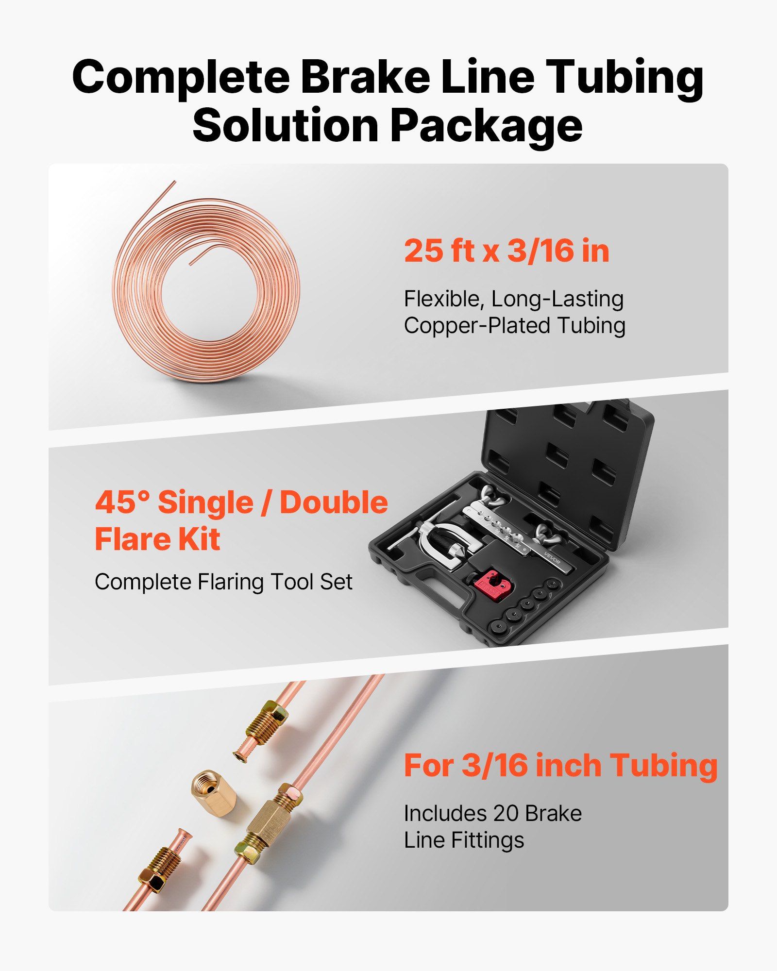 Brake Line Repair Kit, 45° Double & Single Brake Line Flaring Tool Kit, 7.6m x 4.76mm Copper Coated Brake Line (with 16 Fittings & 4 Unions) - Tube Cutter, 5 Adapters and Toolbox Included - Image 2