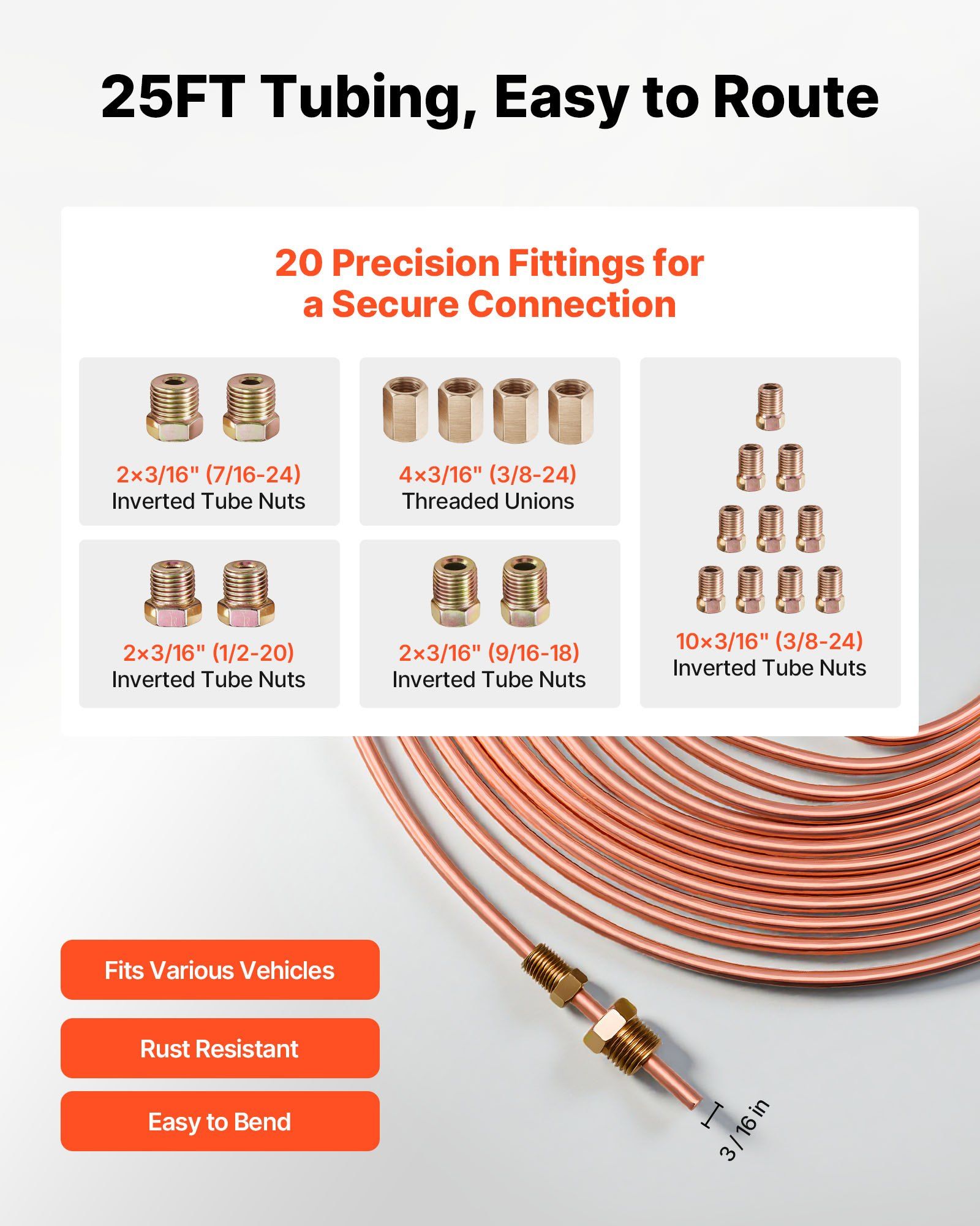 Brake Line Repair Kit, 45° Double & Single Brake Line Flaring Tool Kit, 7.6m x 4.76mm Copper Coated Brake Line (with 16 Fittings & 4 Unions) - Tube Cutter, 5 Adapters and Toolbox Included - Image 3