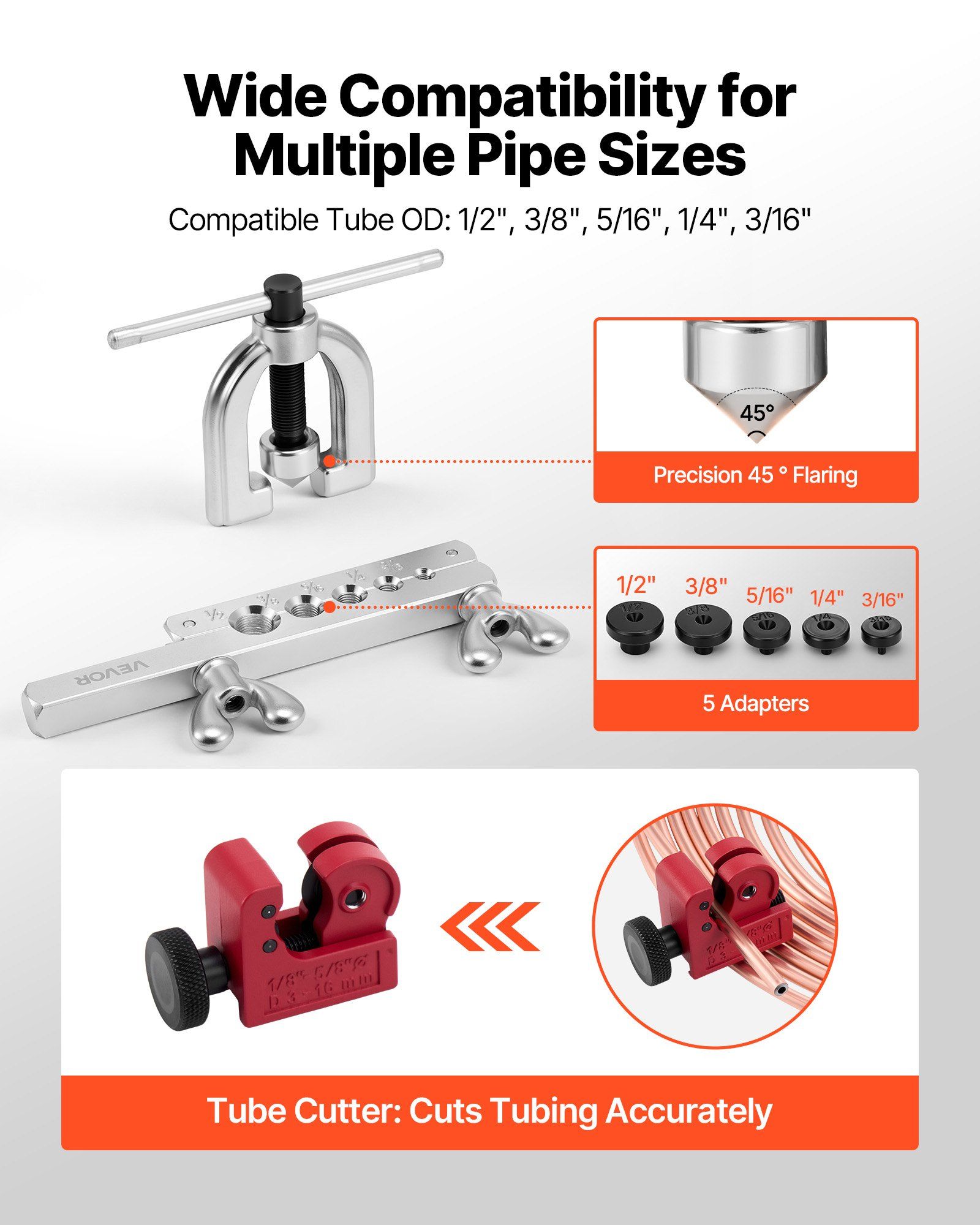Brake Line Repair Kit, 45° Double & Single Brake Line Flaring Tool Kit, 7.6m x 4.76mm Copper Coated Brake Line (with 16 Fittings & 4 Unions) - Tube Cutter, 5 Adapters and Toolbox Included - Image 5
