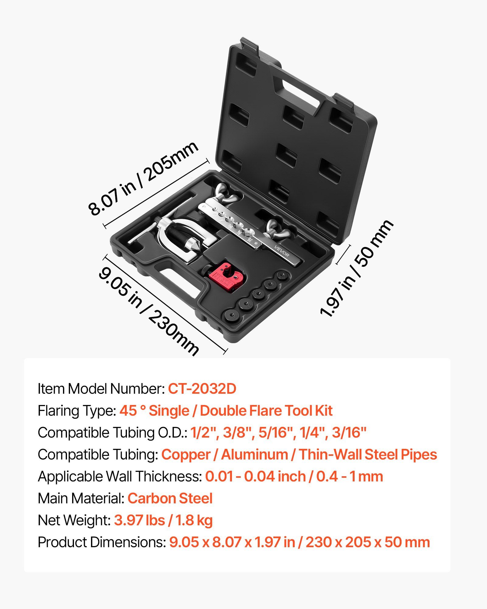 Brake Line Repair Kit, 45° Double & Single Brake Line Flaring Tool Kit, 7.6m x 4.76mm Copper Coated Brake Line (with 16 Fittings & 4 Unions) - Tube Cutter, 5 Adapters and Toolbox Included - Image 7