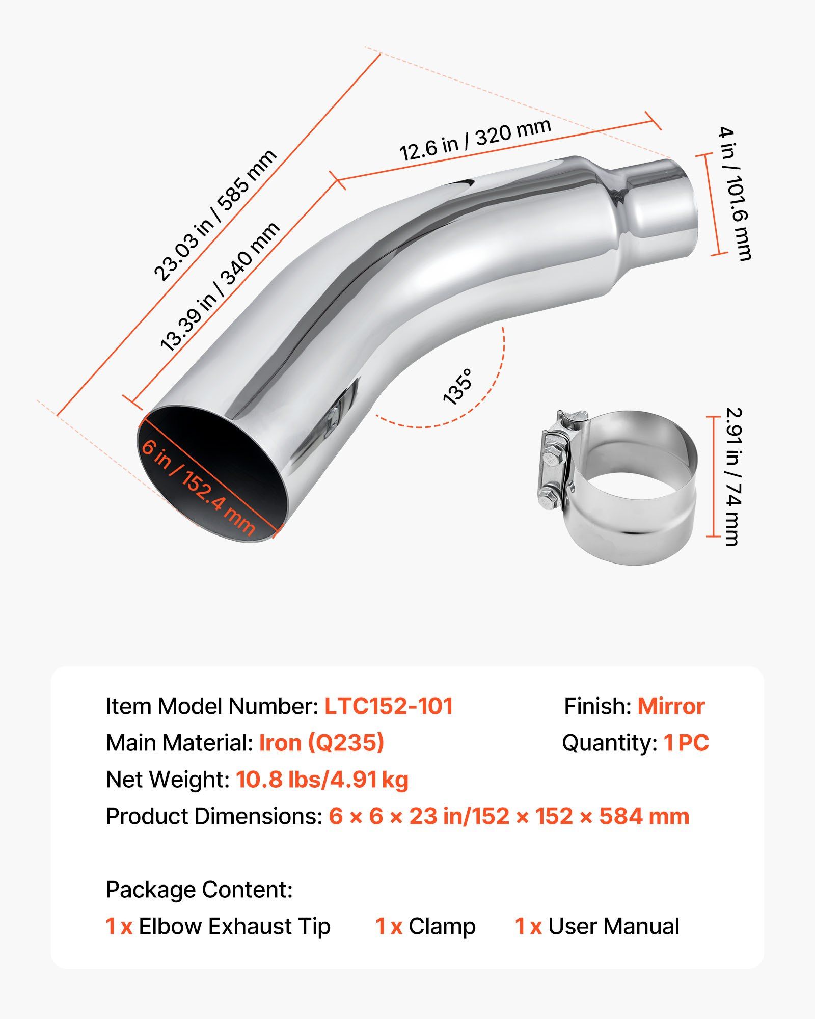 Elbow Exhaust Tip, 101.6mm Inlet, 152.4mm Outlet, 584mm Overall Length, Chrome Turn Down Exhaust Tip with Clamp for Truck/Sedan/Sports Car/SUV, Chrome Structure for High Temperature Resistance - Image 7