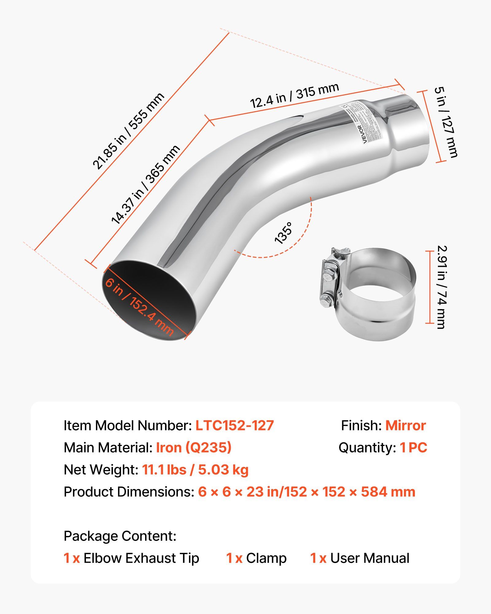 Elbow Exhaust Tip, 127mm Inlet, 152.4mm Outlet, 584mm Overall Length, Chrome Turn Down Exhaust Tip with Clamp for Truck, Sedan, Sports Car, SUV, Chrome Structure for High Temperature Resistance - Image 7