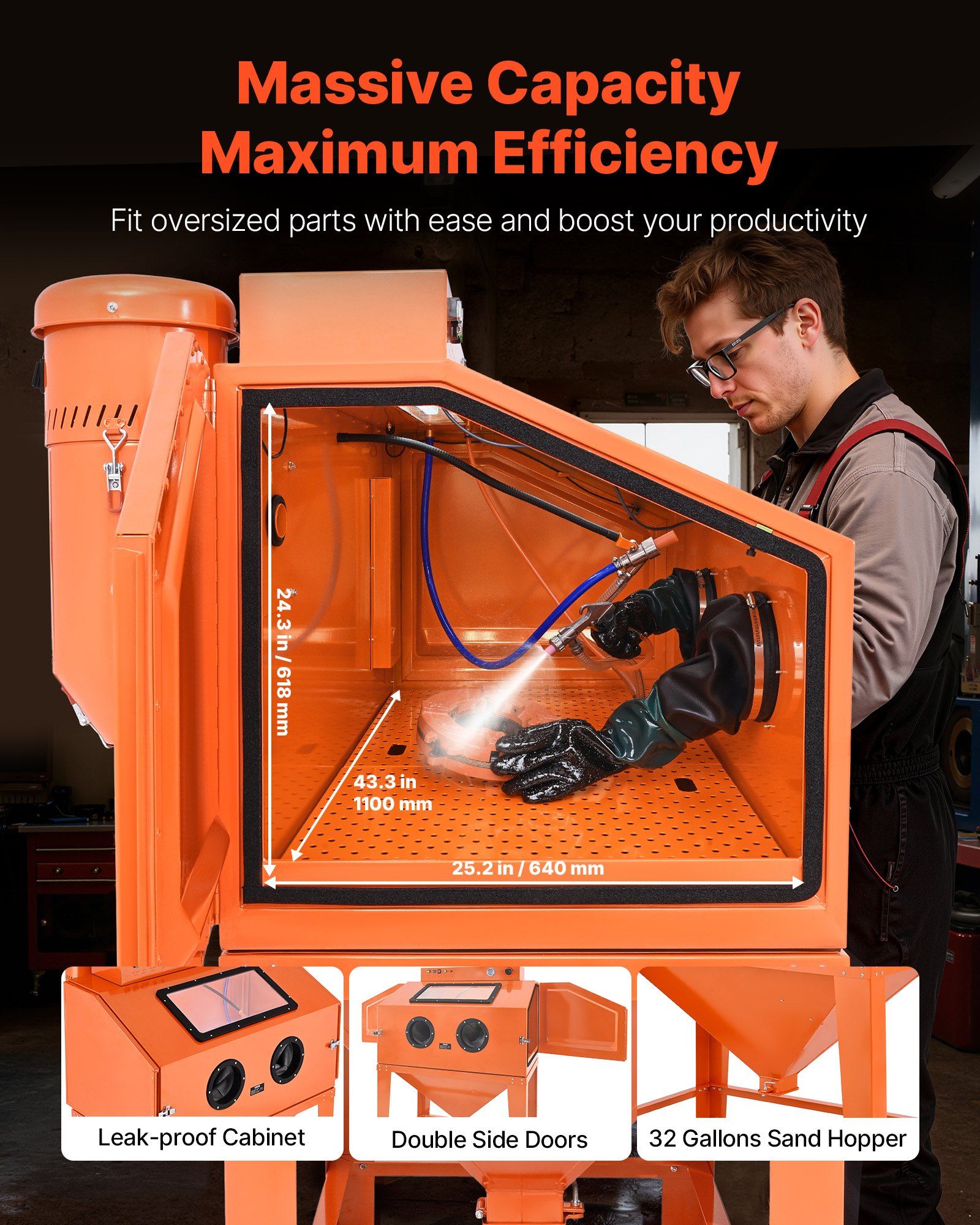 435L Sandblasting Cabinet, Heavy Duty Steel Sand Blaster with Dual Blasting Guns Kit, 117L Media Hopper & 1200W Powerful Dust Collector for Oversized Parts Rust Removal, Surface Finishing - Image 2