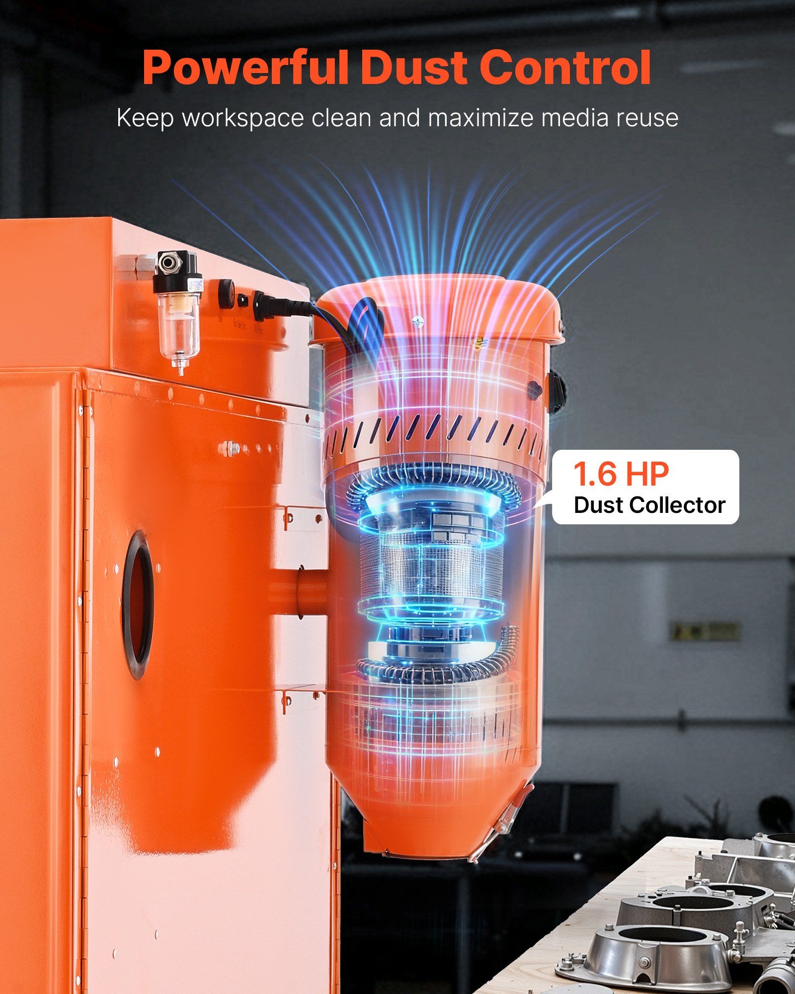 435L Sandblasting Cabinet, Heavy Duty Steel Sand Blaster with Dual Blasting Guns Kit, 117L Media Hopper & 1200W Powerful Dust Collector for Oversized Parts Rust Removal, Surface Finishing - Image 4