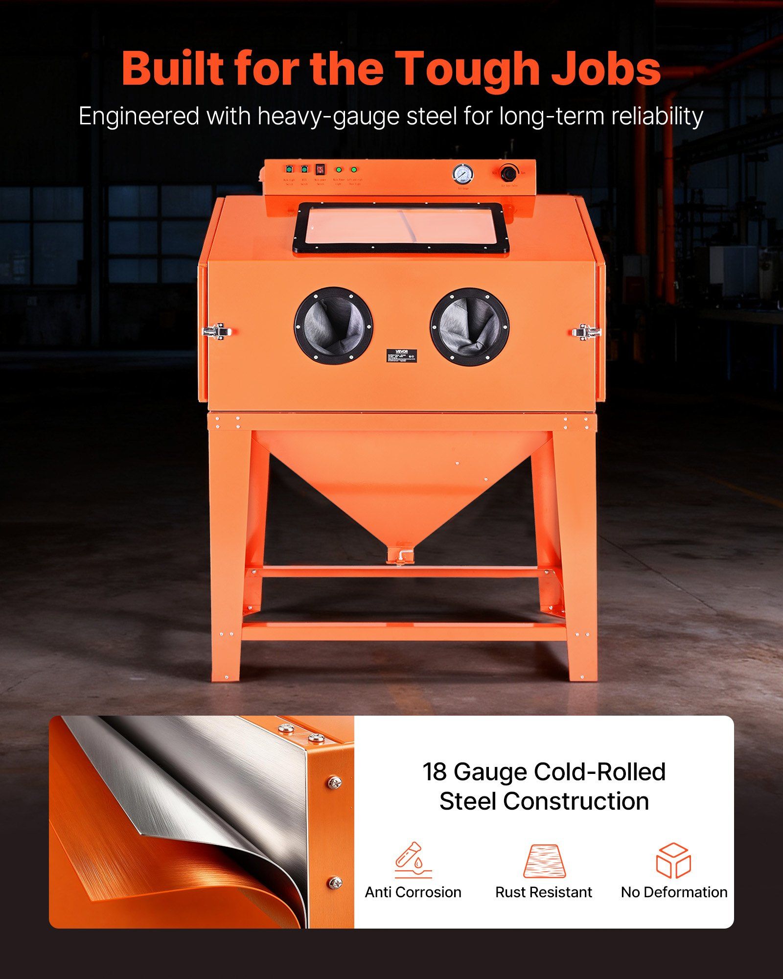 435L Sandblasting Cabinet, Heavy Duty Steel Sand Blaster with Dual Blasting Guns Kit, 117L Media Hopper & 1200W Powerful Dust Collector for Oversized Parts Rust Removal, Surface Finishing - Image 6