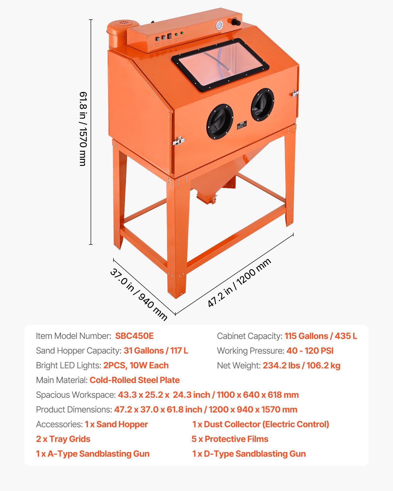 435L Sandblasting Cabinet, Heavy Duty Steel Sand Blaster with Dual Blasting Guns Kit, 117L Media Hopper & 1200W Powerful Dust Collector for Oversized Parts Rust Removal, Surface Finishing - Image 7