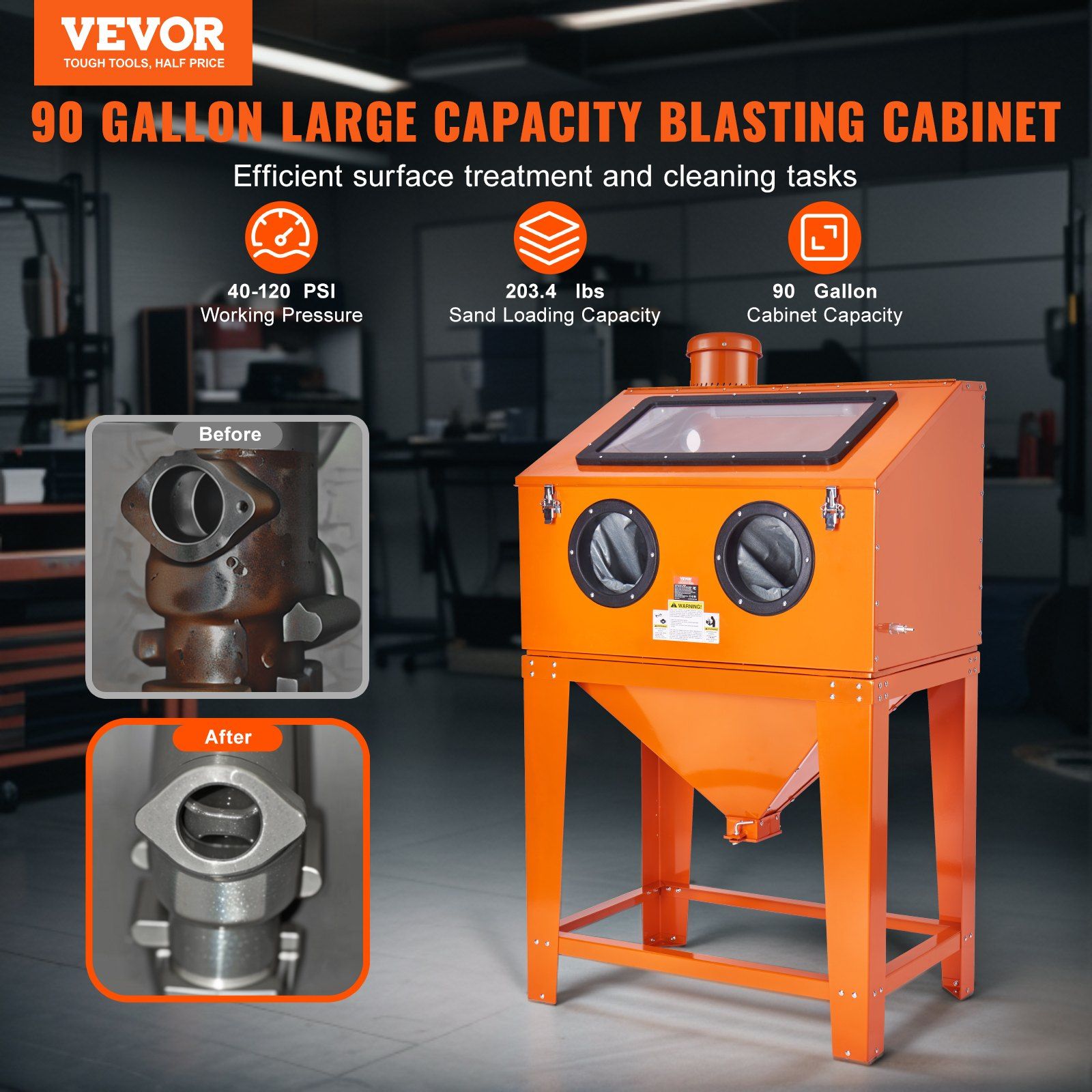 90 Gallon Sandblasting Cabinet with 1.8 Gallon Dust Collection System, 40-120PSI Sand Blasting Cabinet with Stand, Heavy Duty Sand Blaster with Blasting Gun & 4 Nozzles for Paint, Rust Removal - Image 2